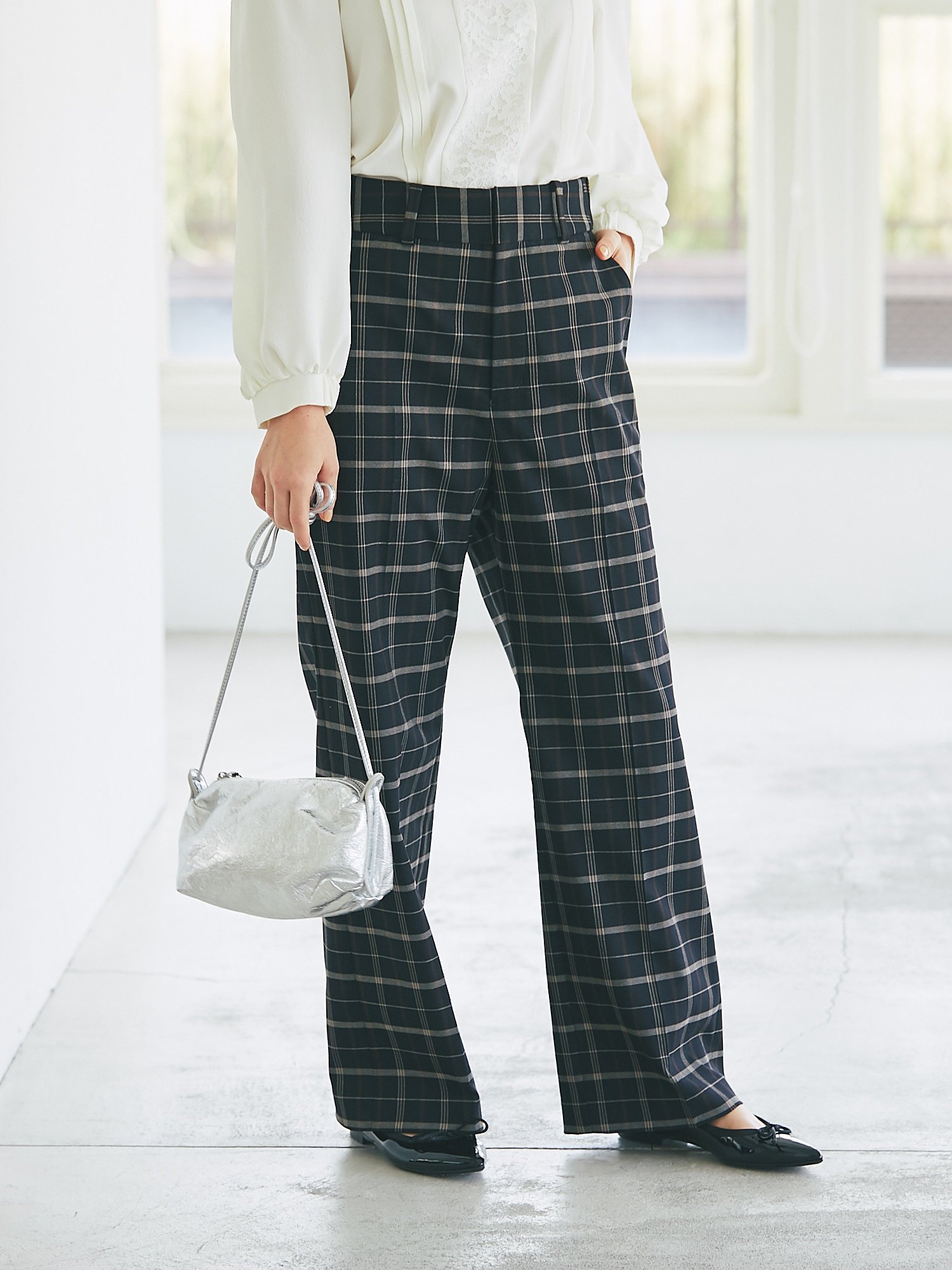 【SALE／50%OFF】La boutique BonBon 【センタープレスで美脚】チェックセミワイドパンツ ラブティックボンボン パンツ その他のパンツ ブラウン ネイビー【送料無料】