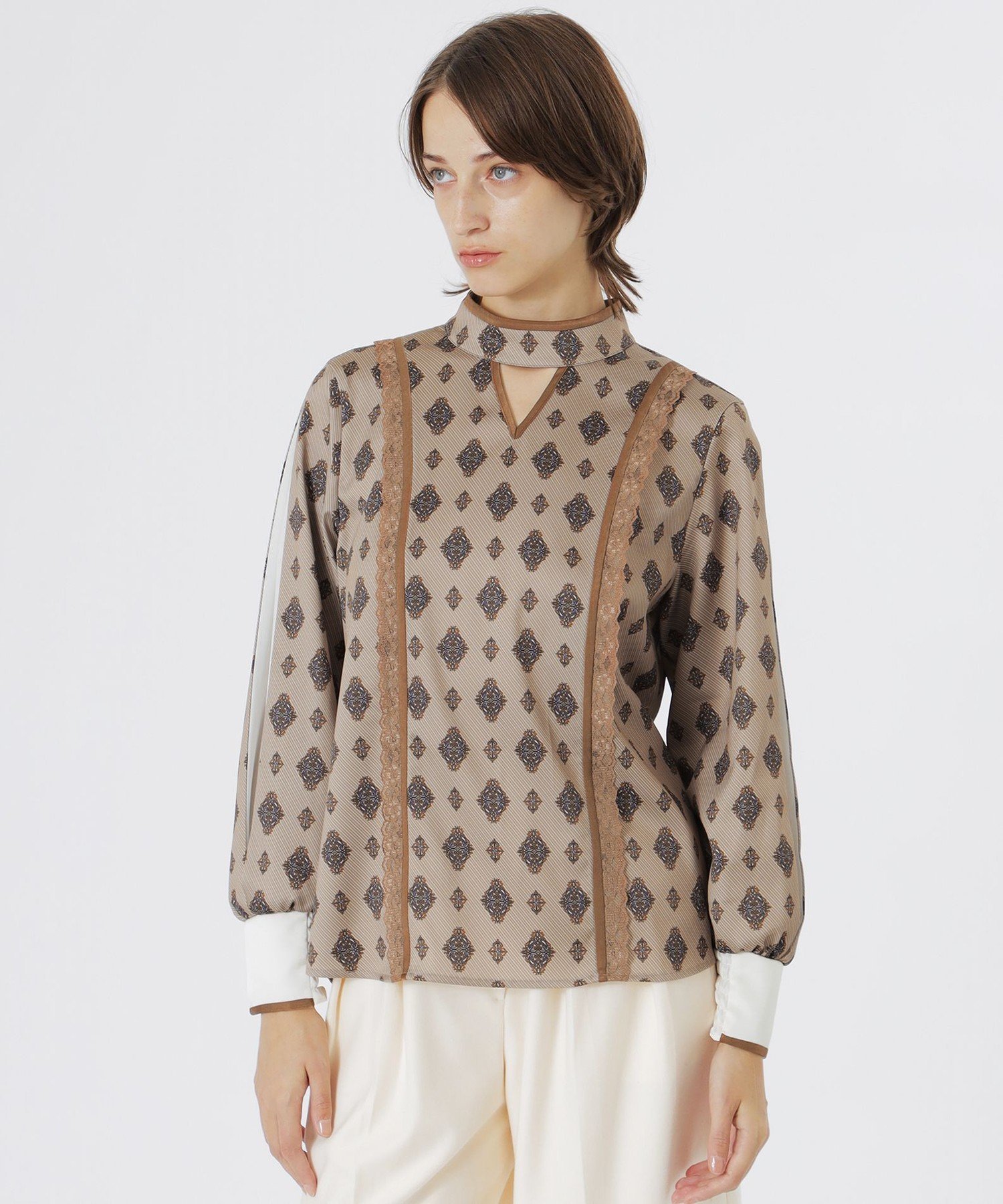 【SALE／30%OFF】LOVELESS レジメンタルオーナメントブラウス ラブレス トップス シャツ・ブラウス ブラック ベージュ【送料無料】のサムネイル