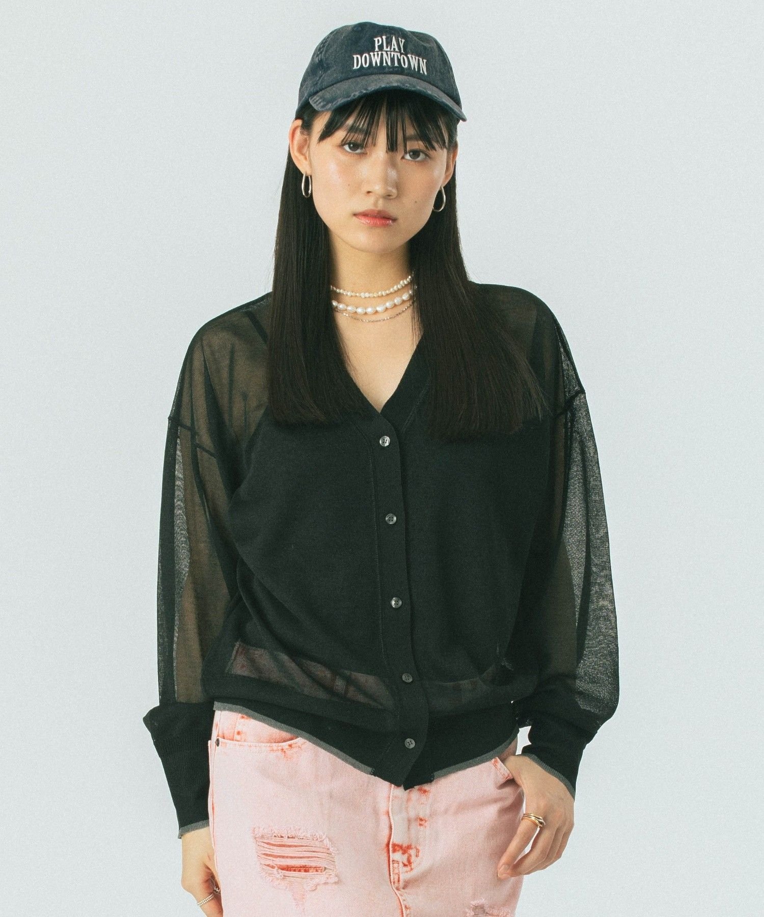 ROSE BUD SHEER V-NECK CARDIGAN ローズバッド トップス ニット グリーン ブラック