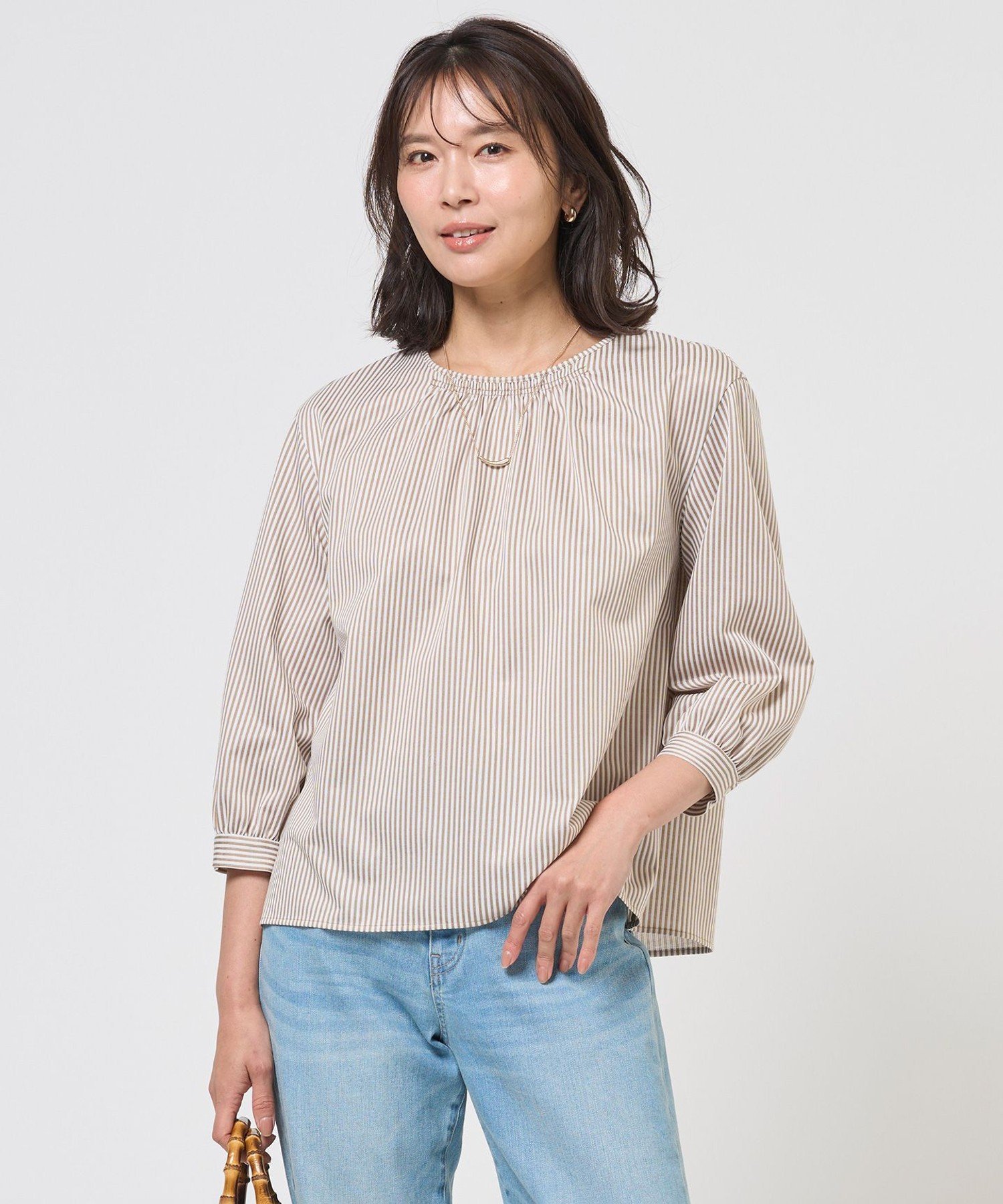 J.PRESS ストライプジャカード ラウンドネック カットソー ジェイプレス トップス カットソー・Tシャツ ブラウン ネイビー