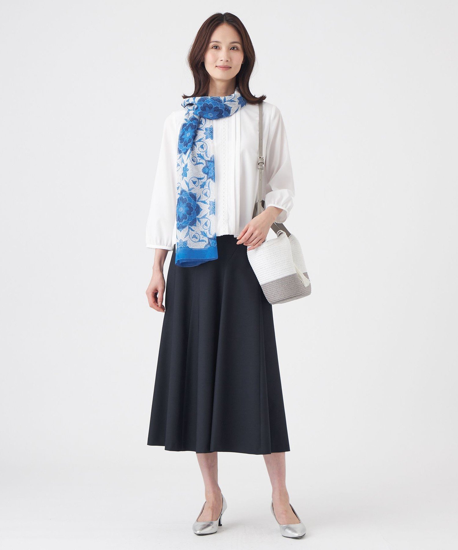 TRANS WORK 【L】【ウォッシャブル】ストレッチファイユブラウス サンヨー エルサイズ トップス シャツ・ブラウス ホワイト ネイビー