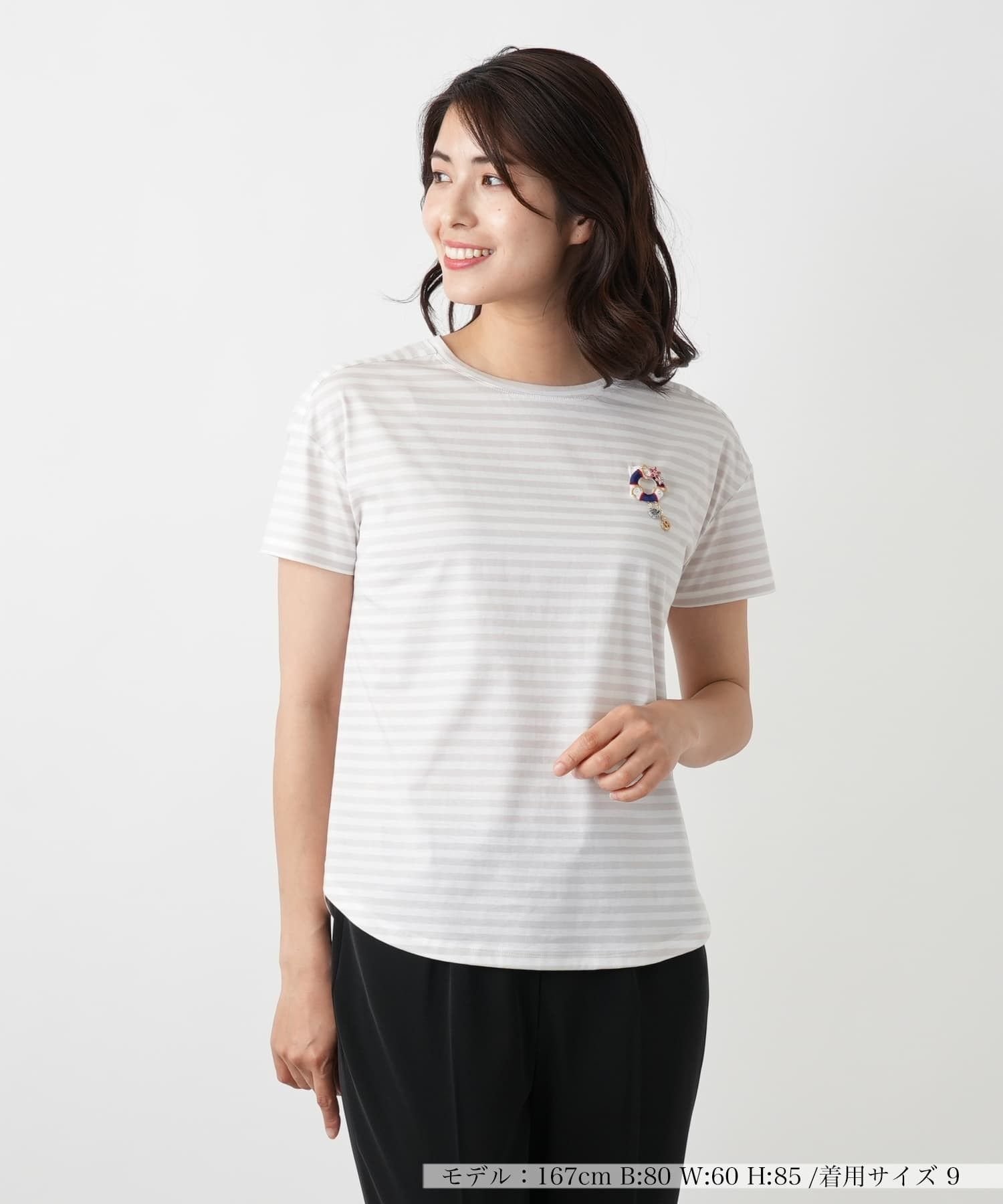 Leilian ボーダーカットソー レリアン トップス カットソー・Tシャツ グレー ネイビー
