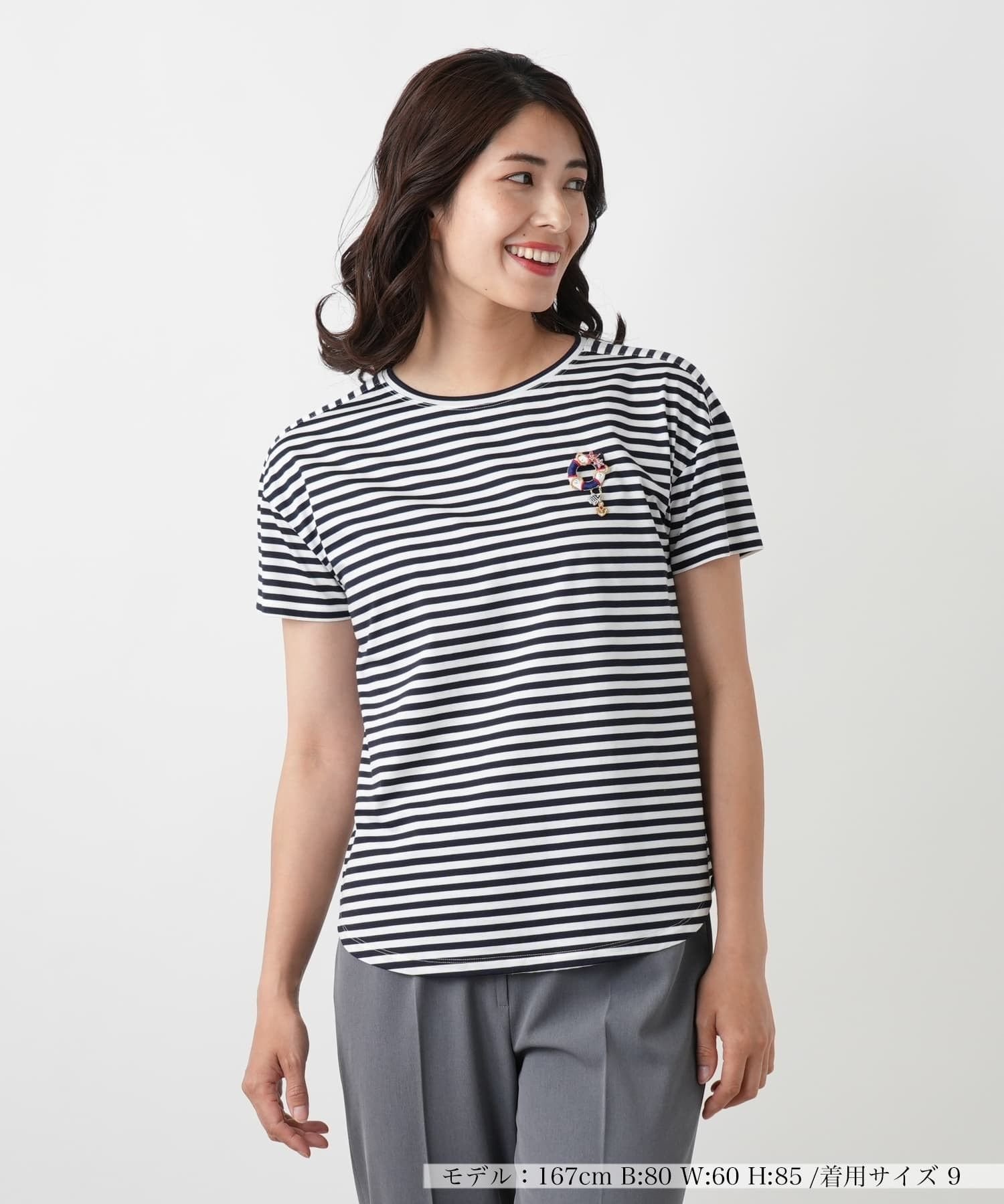 Leilian ボーダーカットソー レリアン トップス カットソー・Tシャツ グレー ネイビー
