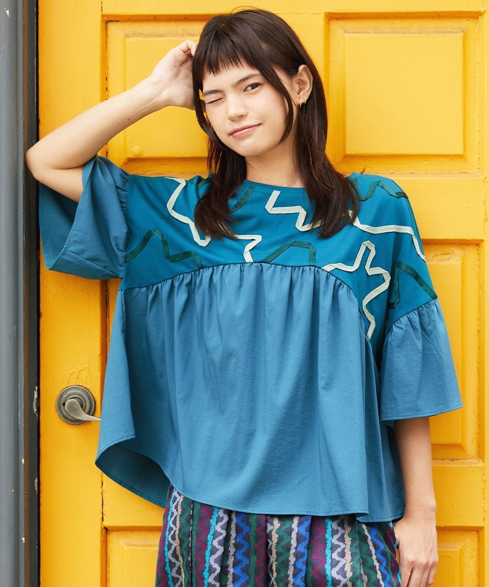Jocomomola Arte Libre ドッキングカットソー ホコモモラ トップス カットソー・Tシャツ ブルー ホワイト