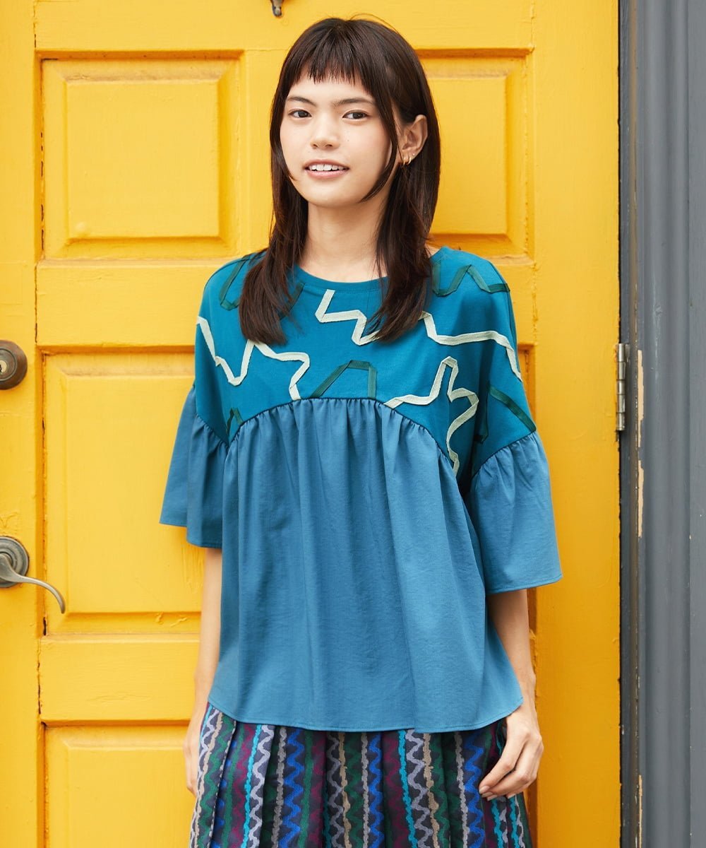 Jocomomola Arte Libre ドッキングカットソー ホコモモラ トップス カットソー・Tシャツ ブルー ホワイト