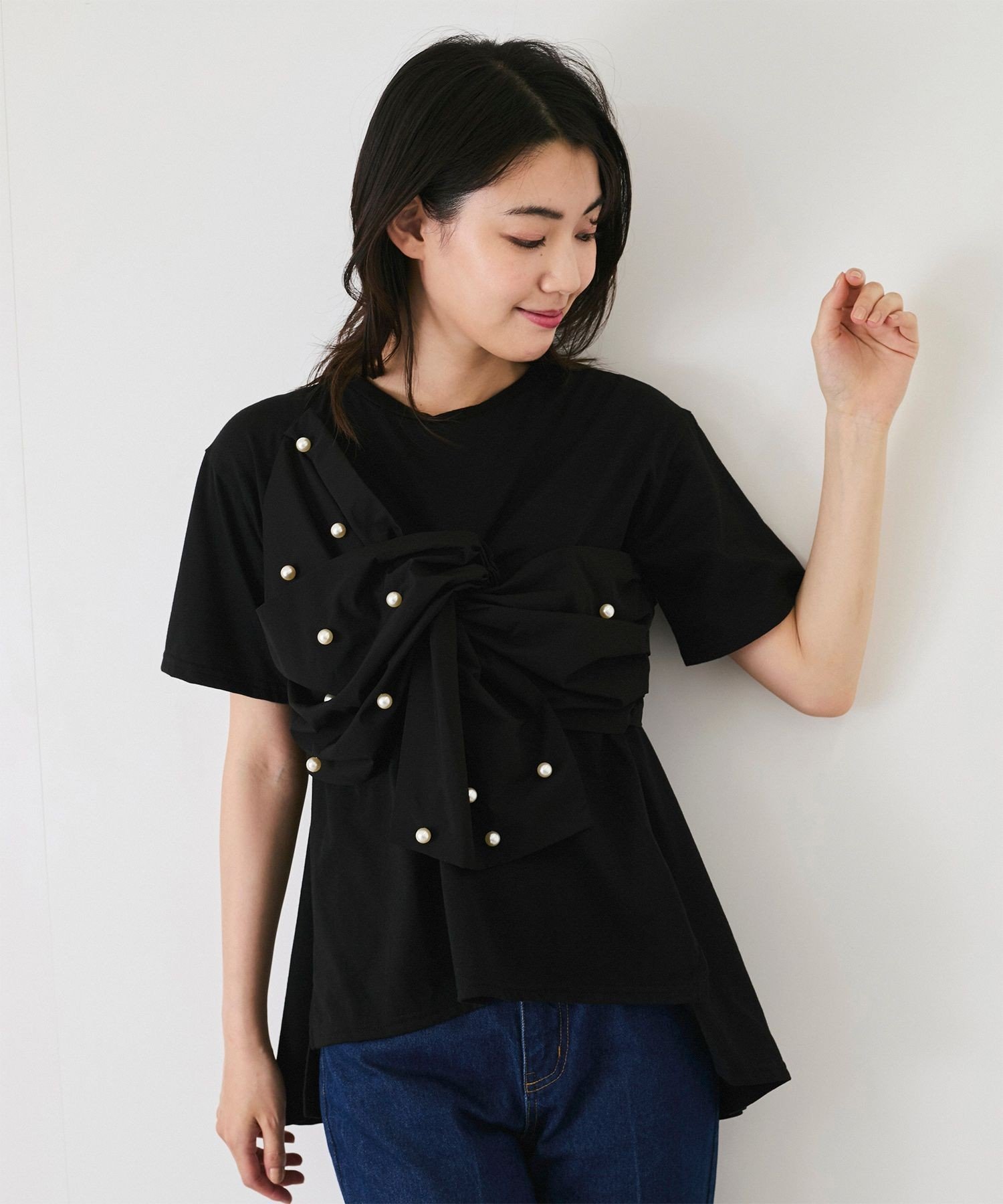 JAYRO パールデコフリルTシャツ ジャイロ トップス カットソー・Tシャツ ホワイト ブラック