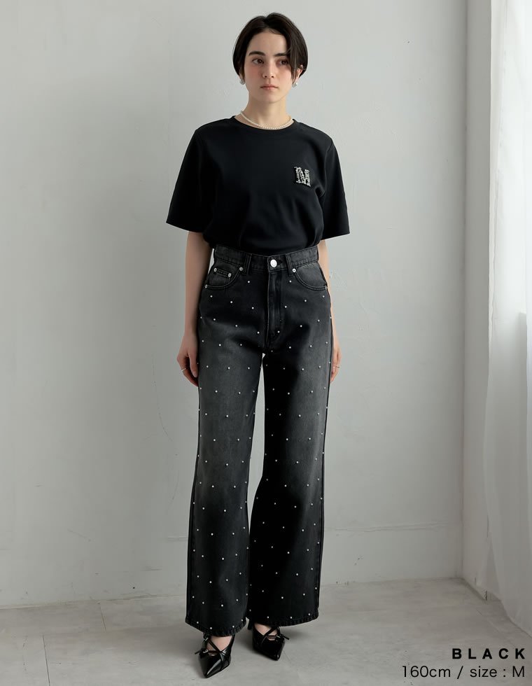 Re:EDIT MロゴビジューモチーフTシャツ リエディ トップス カットソー・Tシャツ ブラック ホワイト