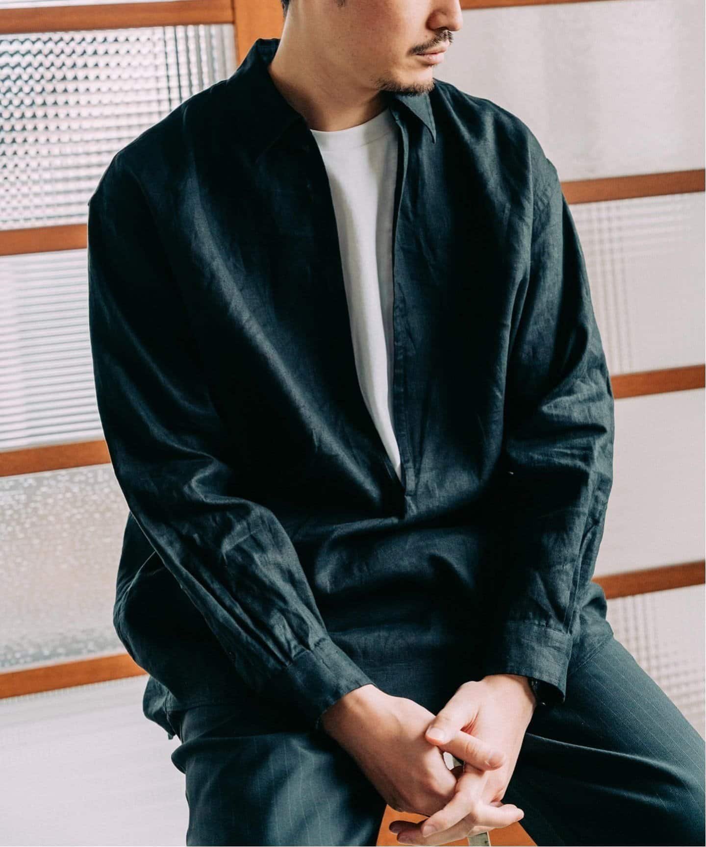 EDIFICE 《追加》リネン スキッパー シャツ エディフィス トップス シャツ・ブラウス ベージュ ピンク グリーン ブルー ブラック【送料無料】のサムネイル