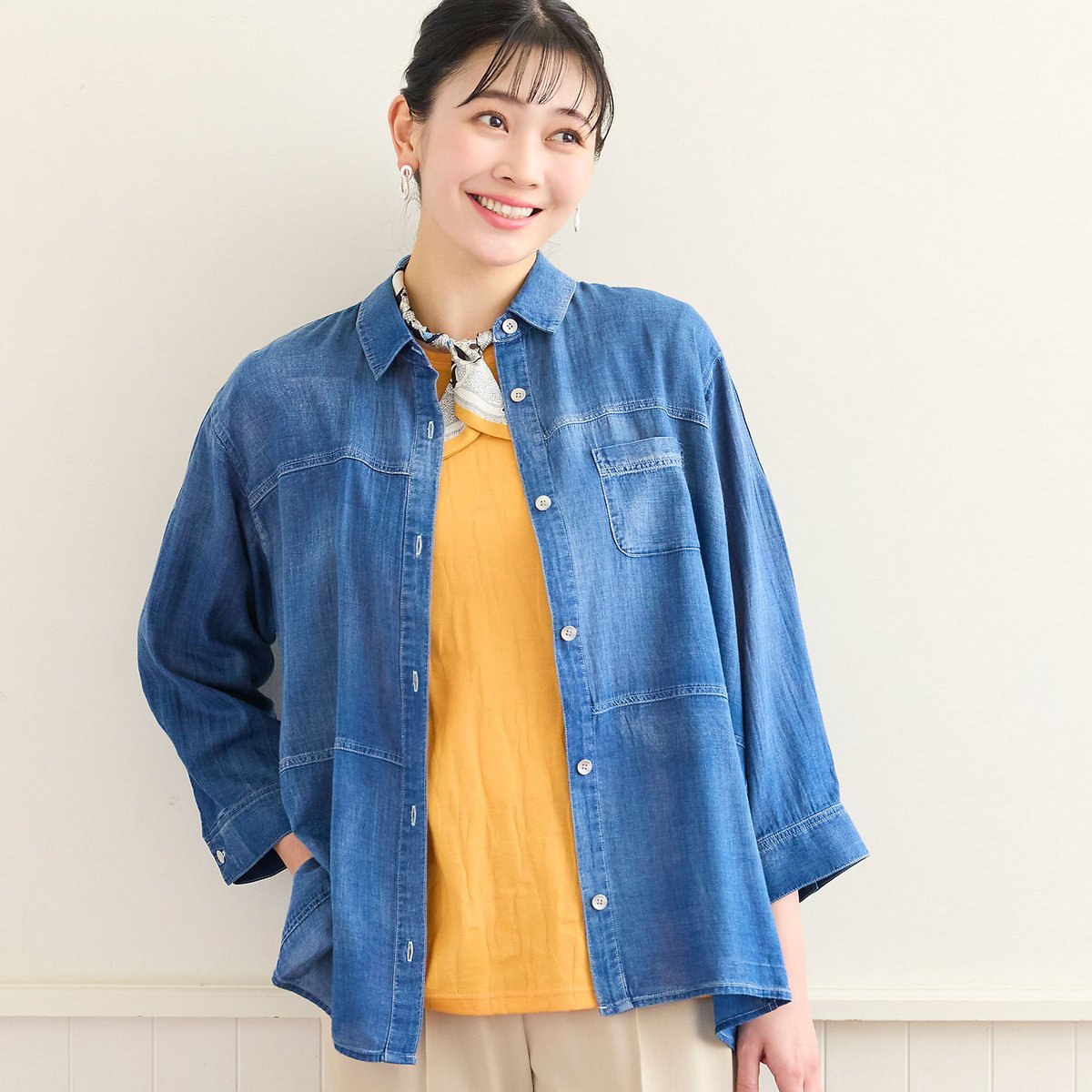 missel 【定番人気・洗える・L~4Lサイズ】デニムガーゼAラインシャツ ミゼール トップス シャツ・ブラウス ネイビー
