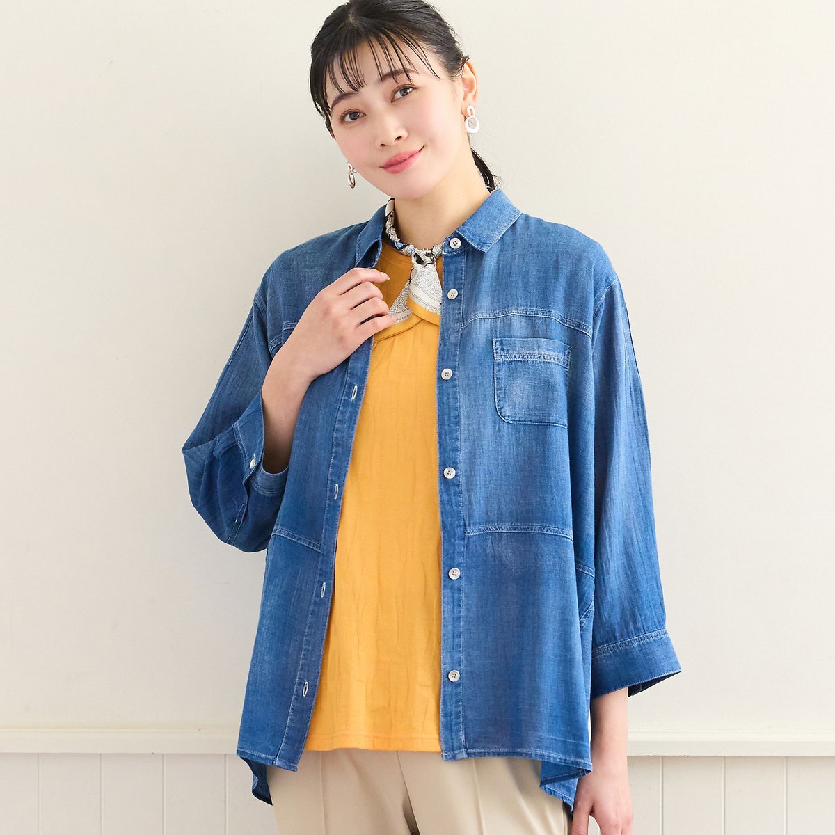 missel 【定番人気・洗える・L~4Lサイズ】デニムガーゼAラインシャツ ミゼール トップス シャツ・ブラウス ネイビー
