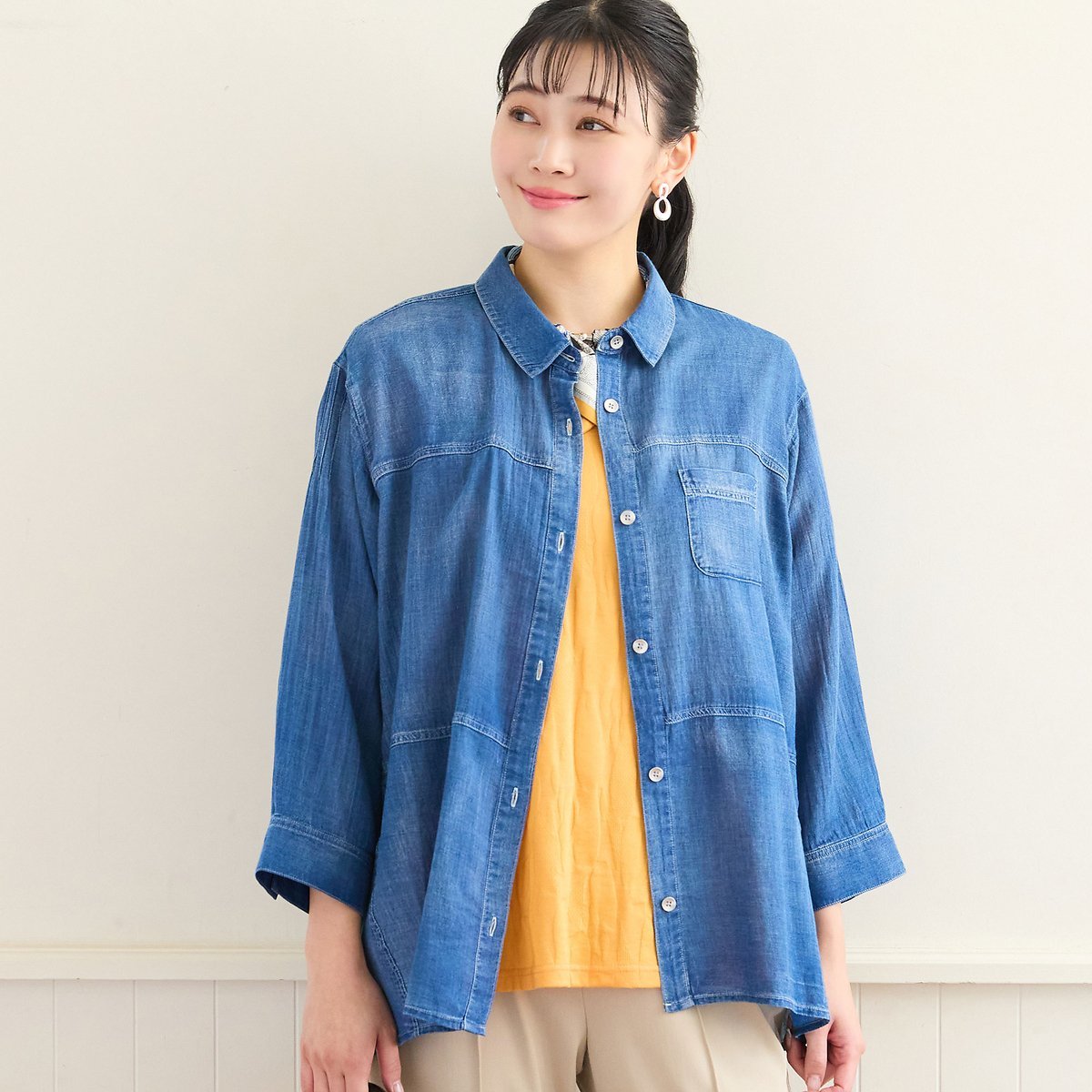 missel 【定番人気・洗える・L~4Lサイズ】デニムガーゼAラインシャツ ミゼール トップス シャツ・ブラウス ネイビー