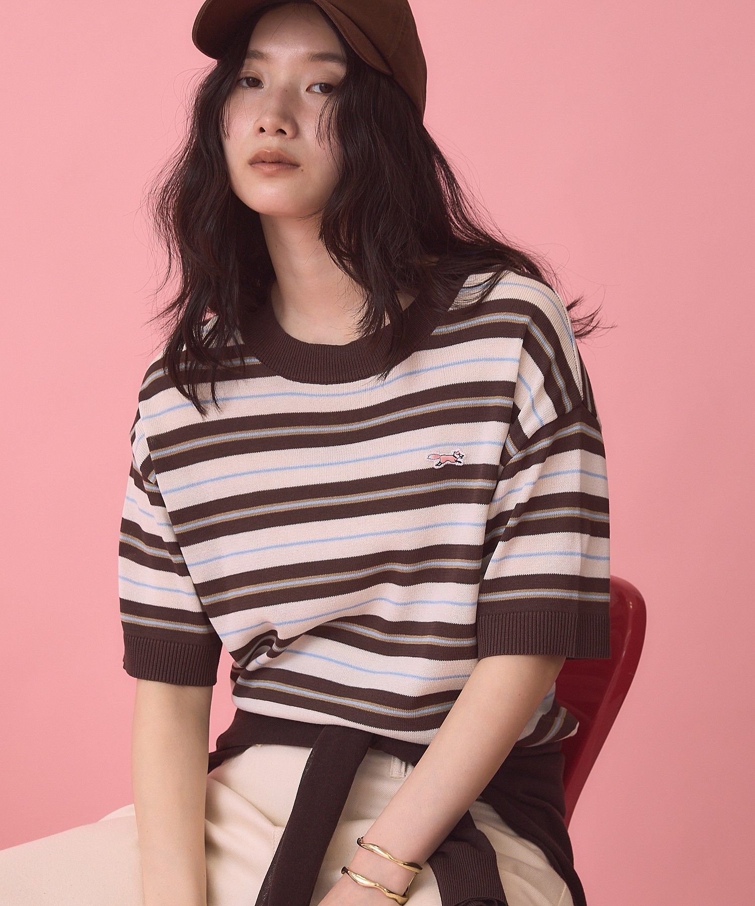 【PENNEY'S】レトロボーダー半袖ニット アメリカンホリック トップス ニット ホワイト オレンジ