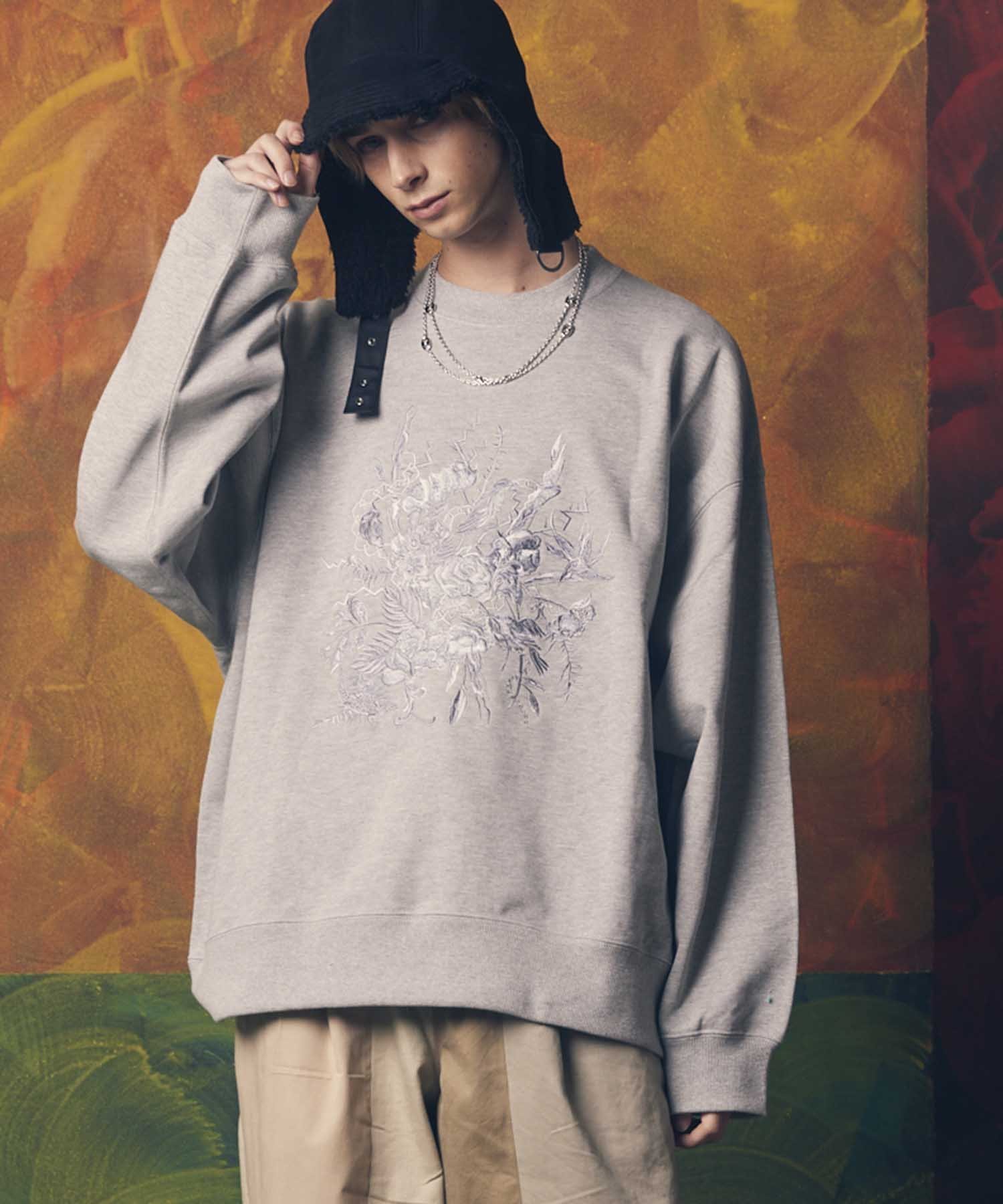 MAISON SPECIAL Flower Embroidery Heavy-Weight Sweat Prime-Over Crew Neck Pullover メゾンスペシャル トップス スウェット・トレーナー グレー ブラック