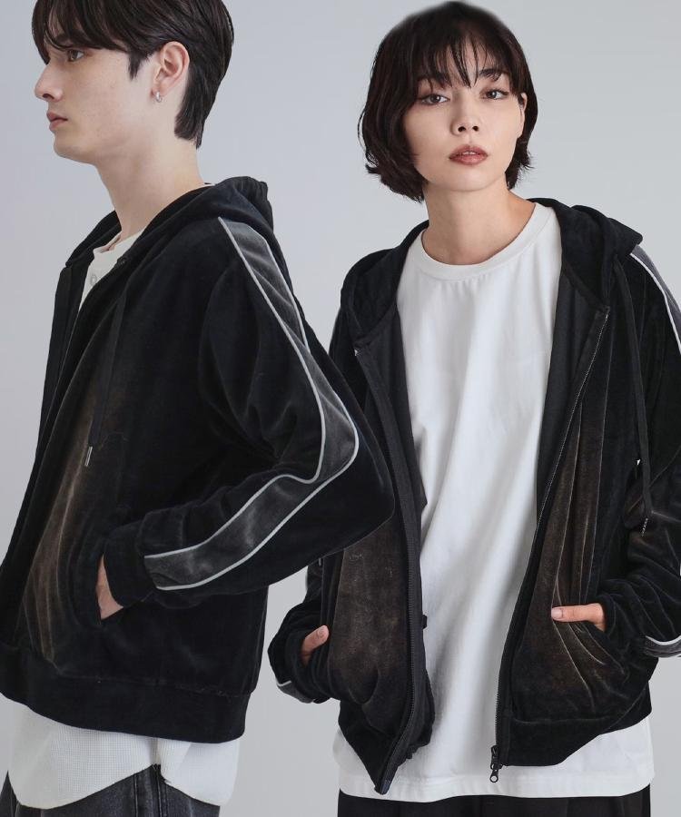 【SALE／30%OFF】tk.TAKEO KIKUCHI ヴィンテージライクベロアジップパーカー ティーケータケオキクチ トップス パーカー・フーディー ブラック【送料無料】