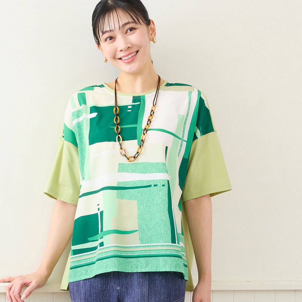 missel 【洗える・日本製・3Lサイズあり】幾何柄プルオーバー ミゼール トップス カットソー・Tシャツ グリーン ブルー