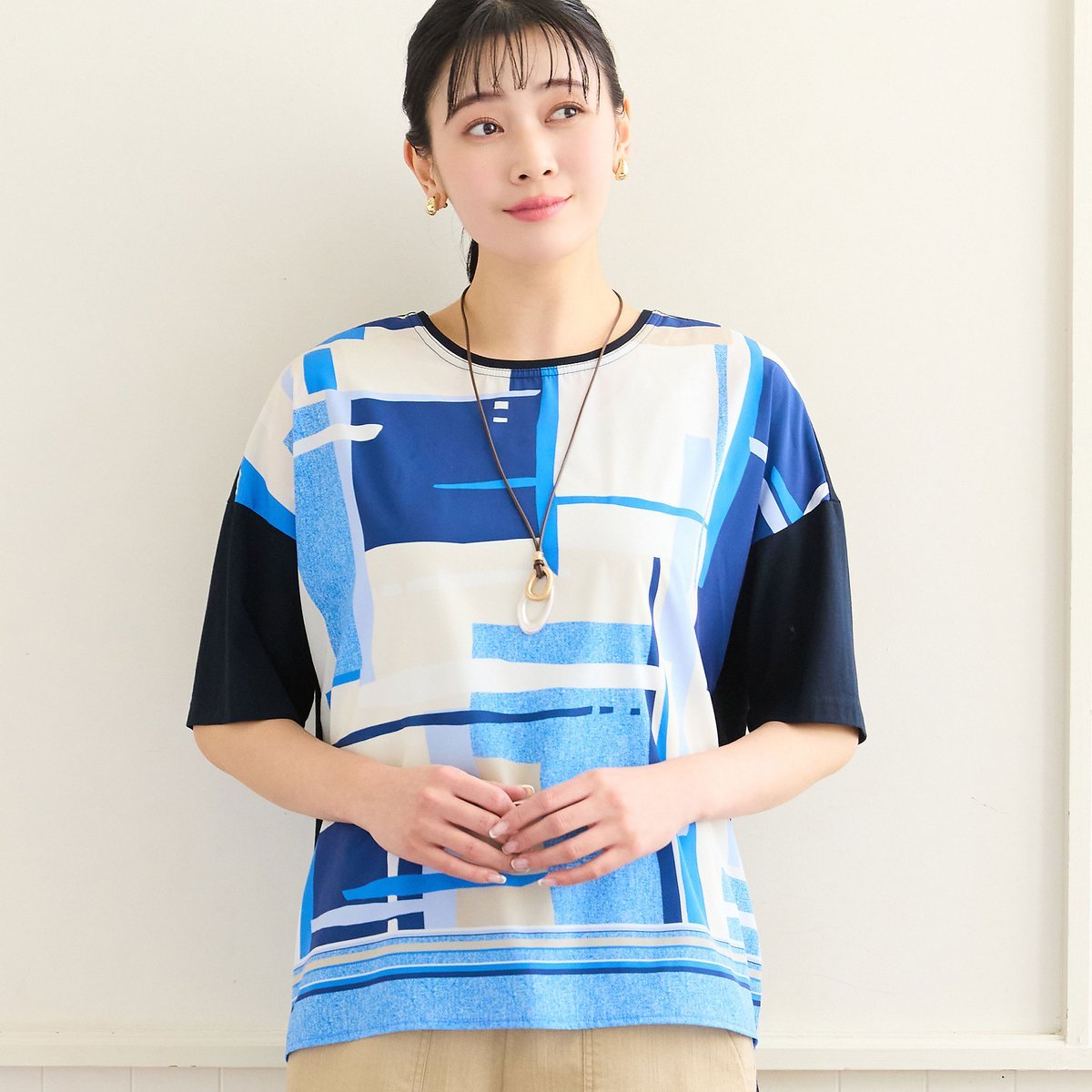 missel 【洗える・日本製・3Lサイズあり】幾何柄プルオーバー ミゼール トップス カットソー・Tシャツ グリーン ブルー