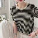 【SALE/34%OFF】miniministore ボーダー柄サマーニットトップス 半袖春夏 ミニミニストア トップス ニット ブラック グリーン オレンジ