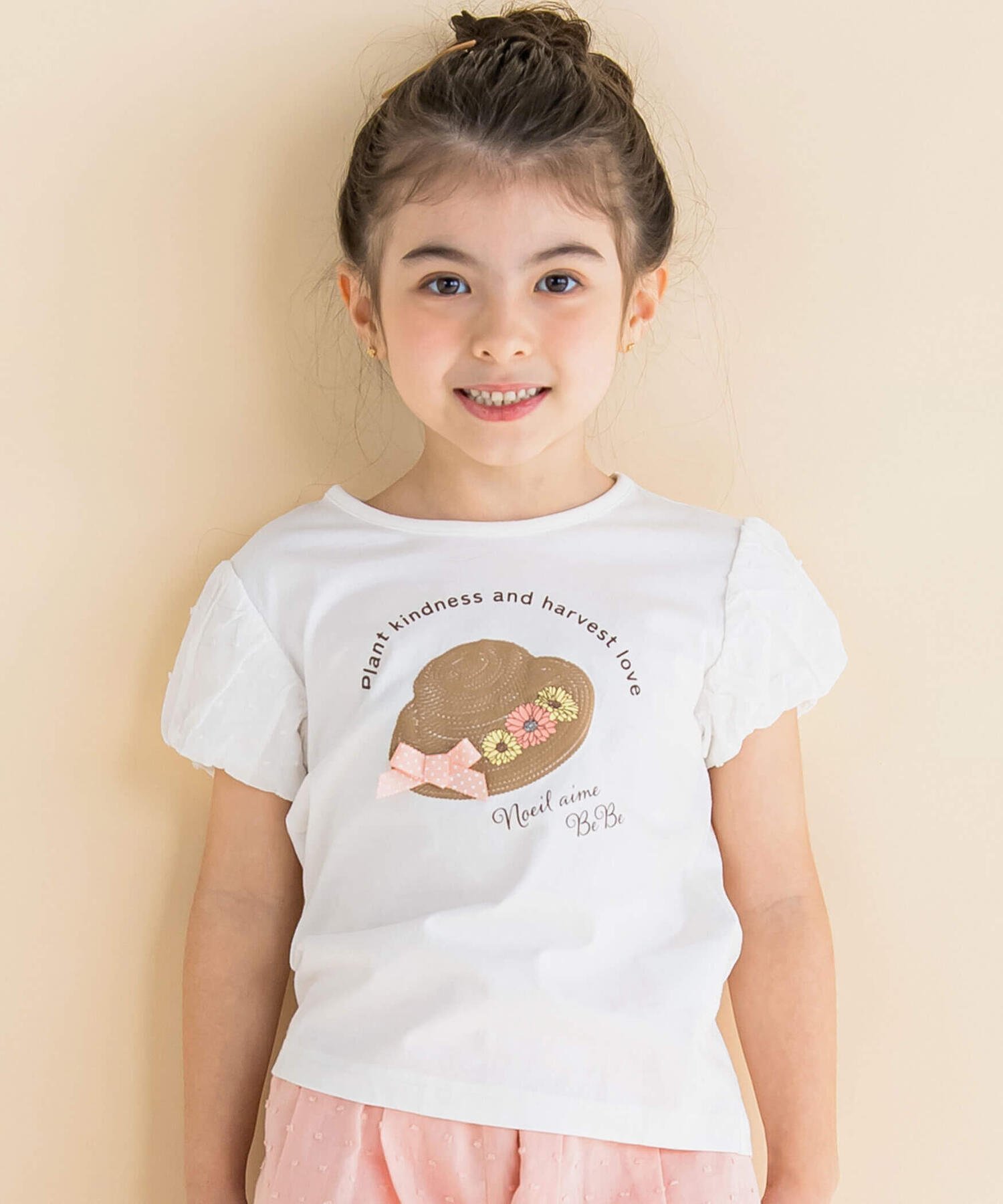 Noeil aime BeBe 帽子プリントパフスリープTシャツ(80~130cm) ベベ オンライン ストア トップス カットソー Tシャツ ホワイト パープル【送料無料】