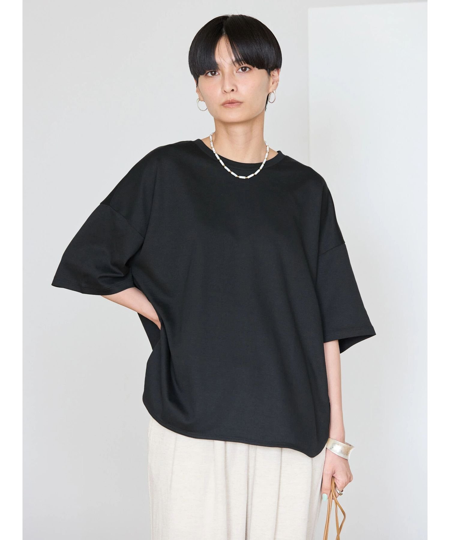 AMERICAN HOLIC 接触冷感裾ラウンドカットプルオーバー/ひんやり/前上がり/ゆったりシルエット/体型カバー/夏/24SS アメリカン ホリック トップス カットソー・Tシャツ ブラック ホワイト ブルー ピンクのサムネイル