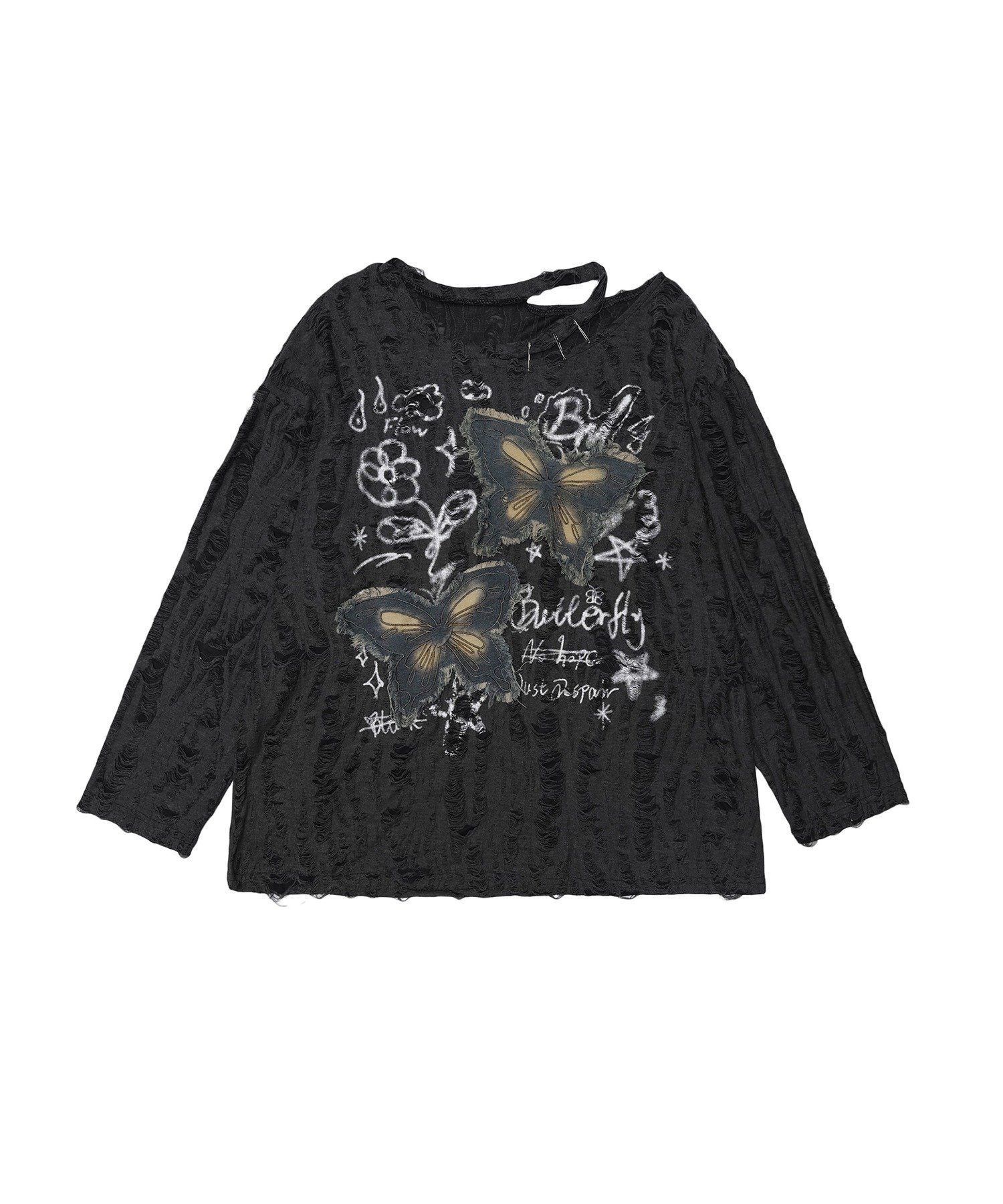 HOOK 【HOOK】for girls バタフライパッチアシンメトリー透かしニットソー アイモハ トップス カットソー・Tシャツ グレー ベージュ