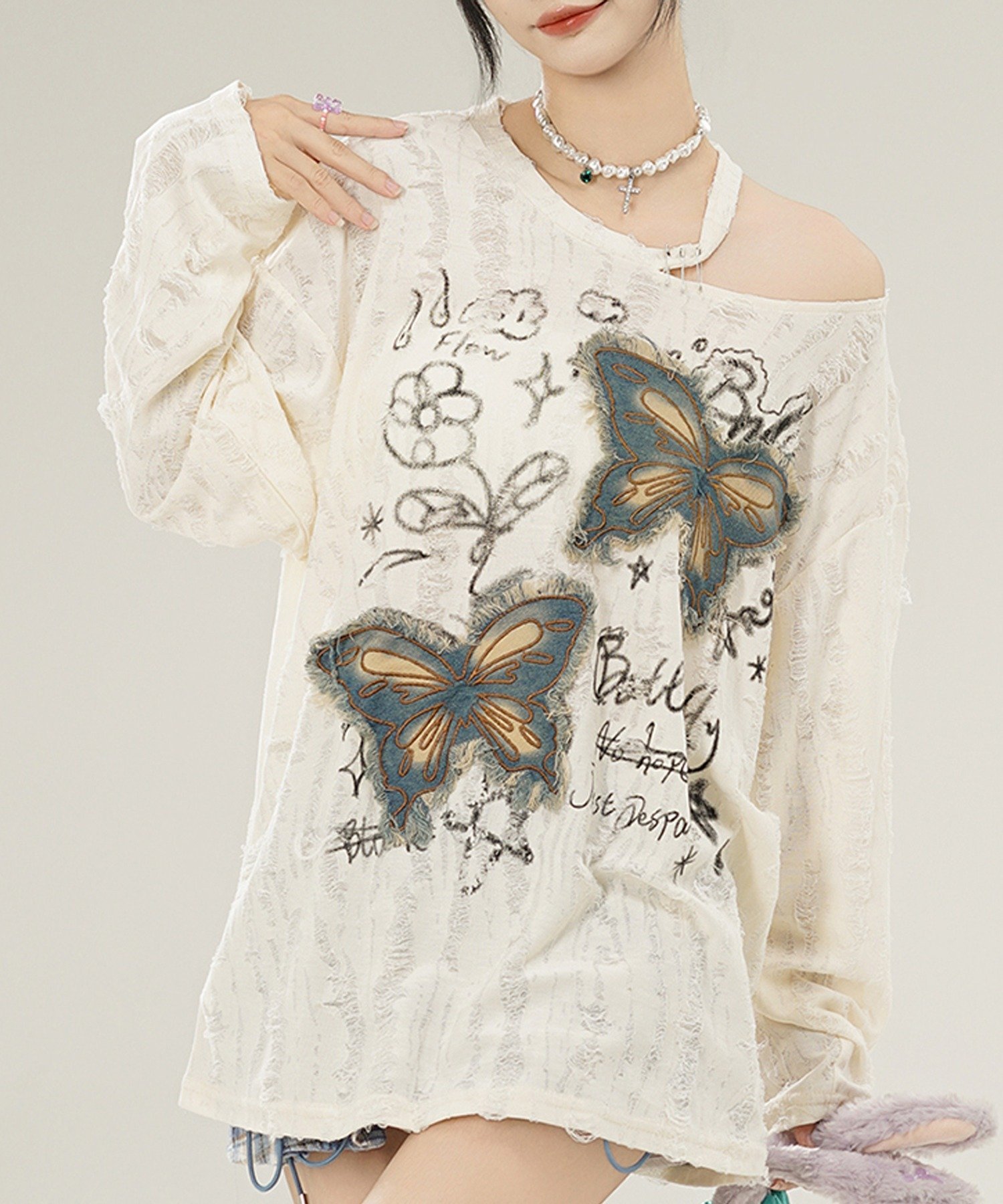 HOOK 【HOOK】for girls バタフライパッチアシンメトリー透かしニットソー アイモハ トップス カットソー・Tシャツ グレー ベージュ