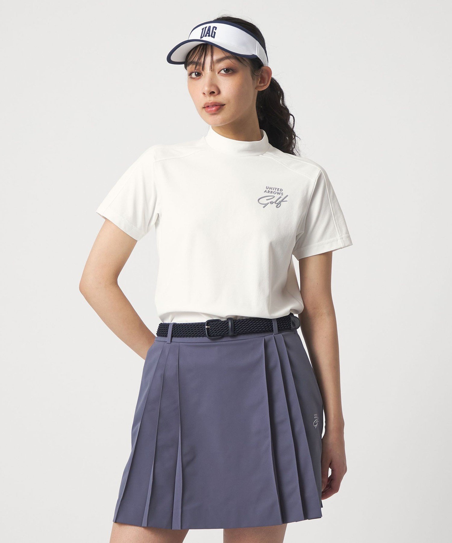 UNITED ARROWS GOLF ウィメンズ ショルダーライン モックネック シャツ 吸水速乾 UV ユナイテッドアローズ トップス カットソー・Tシャツ ネイビー ホワイト【送料無料】