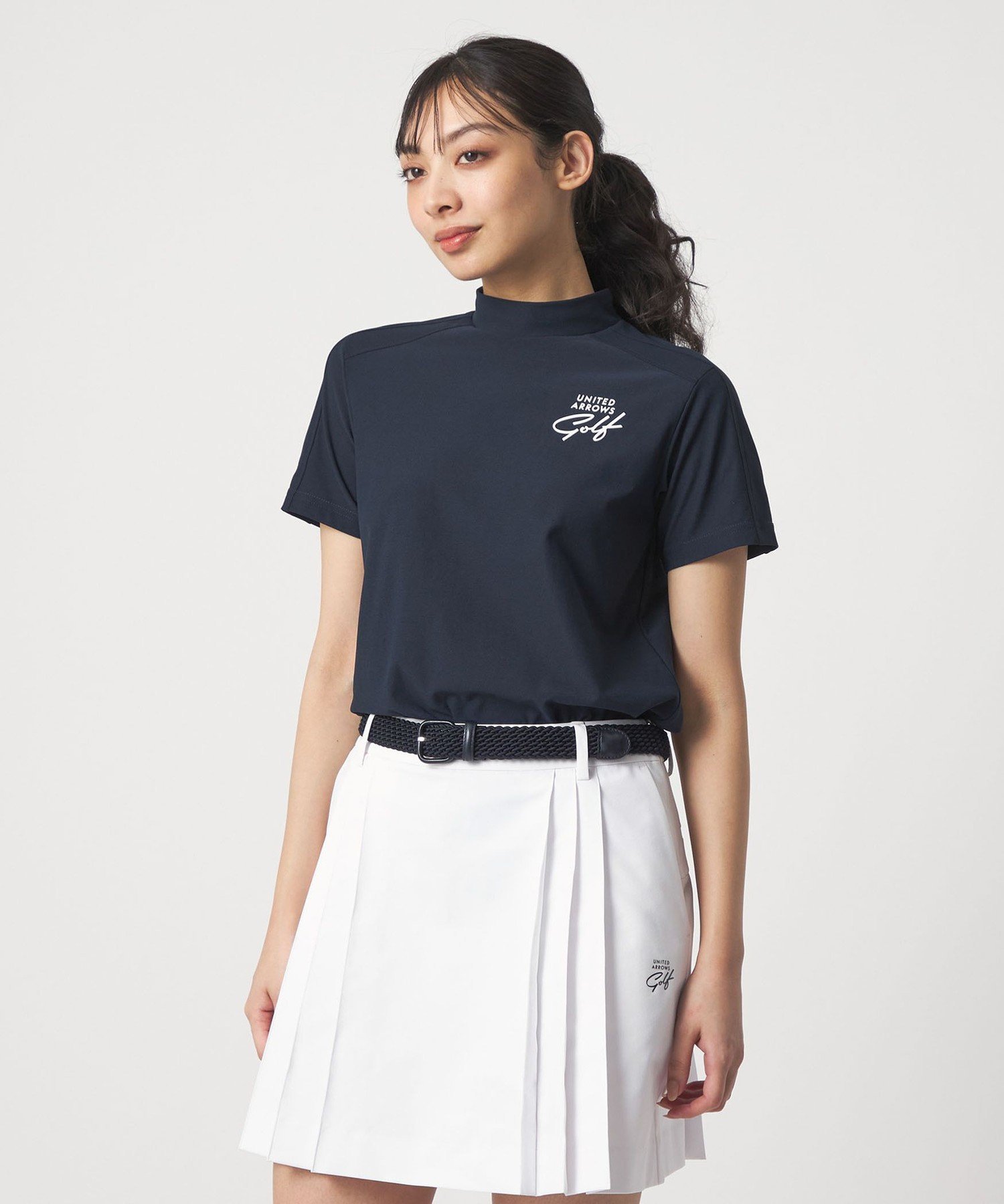UNITED ARROWS GOLF ウィメンズ ショルダーライン モックネック シャツ 吸水速乾 UV ユナイテッドアローズ トップス カットソー・Tシャツ ネイビー ホワイト【送料無料】