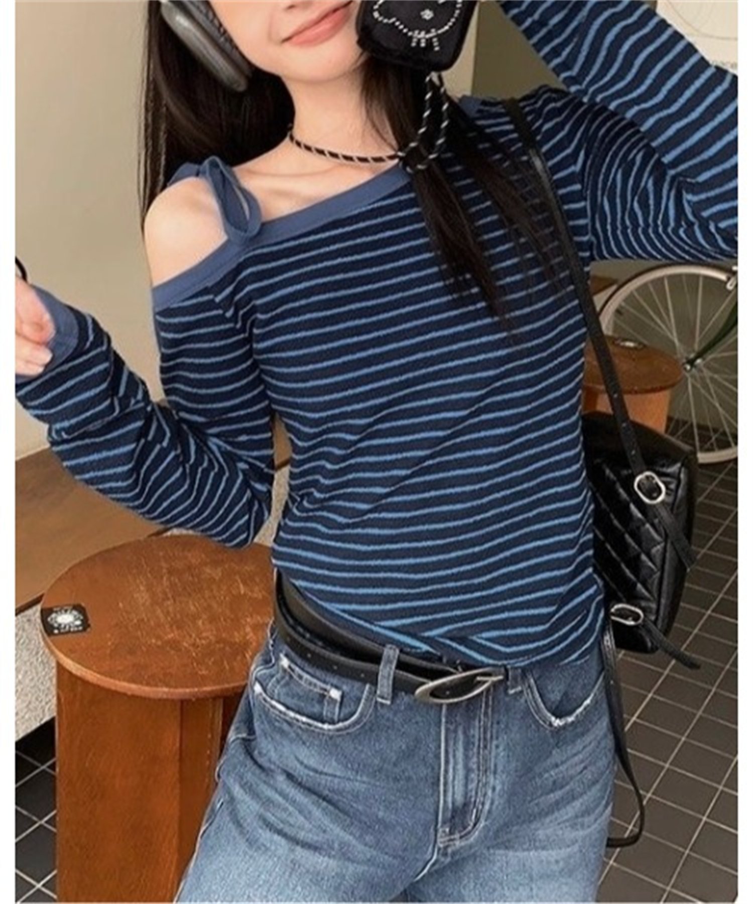 LADY LIKE 肩リボンボーダー柄ワンショルダートップス ディアベル トップス カットソー・Tシャツ ブルー