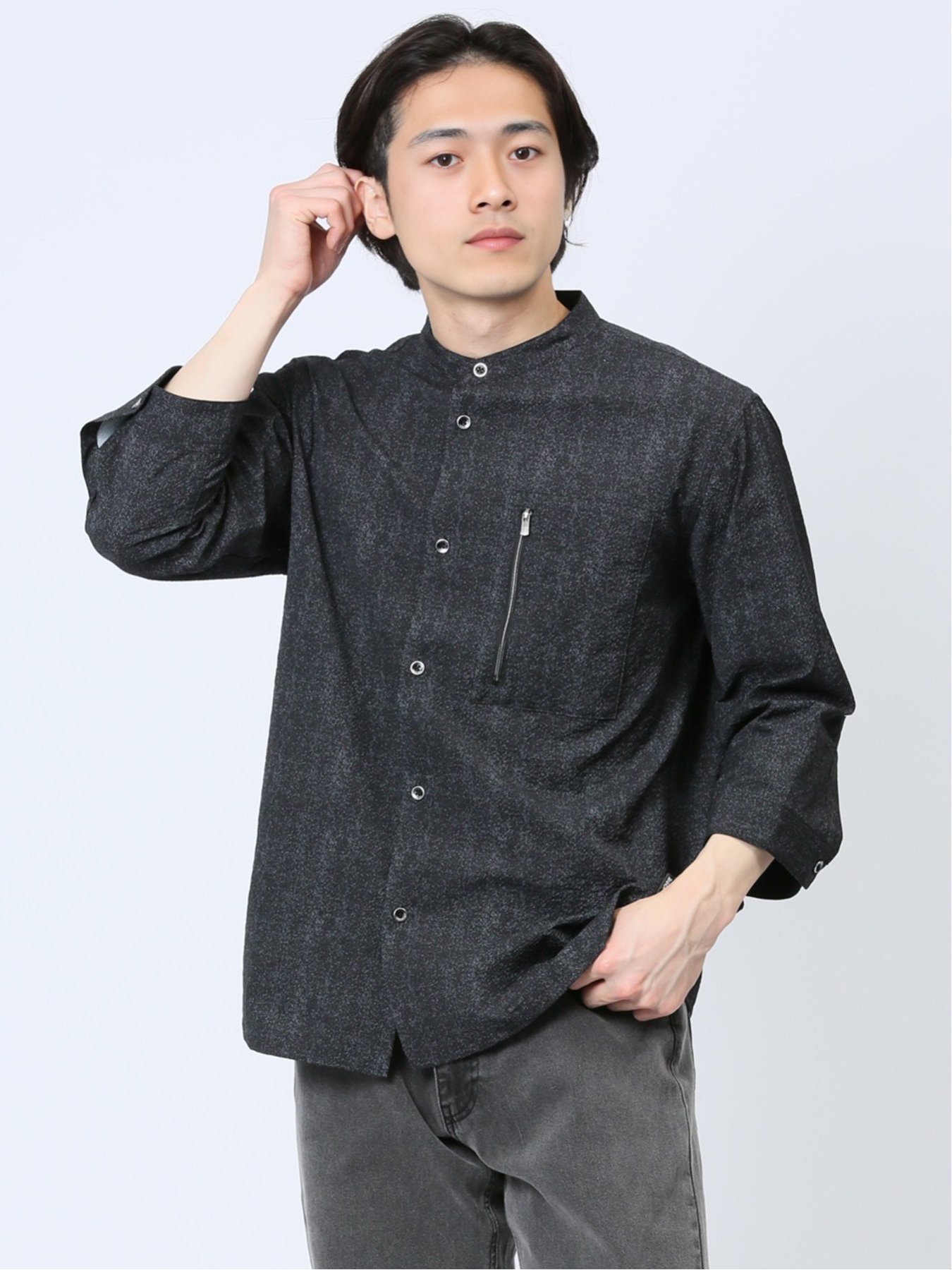 【SALE／50%OFF】TAKA-Q サッカープリント バンドカラー7分袖シャツ メンズ Tシャツ カットソー カジュアル インナー トップス ギフト プレゼント タカキュー トップス シャツ・ブラウス グレー【送料無料】の商品画像