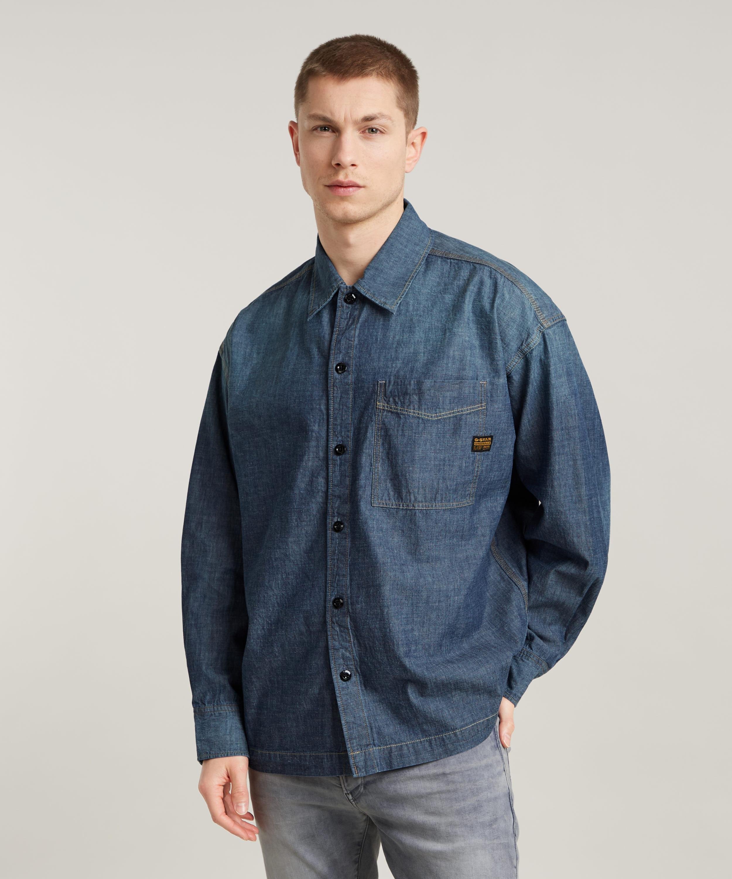 【公式ショップ】BACK PAINT BOXY FIT SHIRT/バックプリントオーバーサイズデニムシャツ ジースターロゥ トップス シャツ・ブラウス ブルー