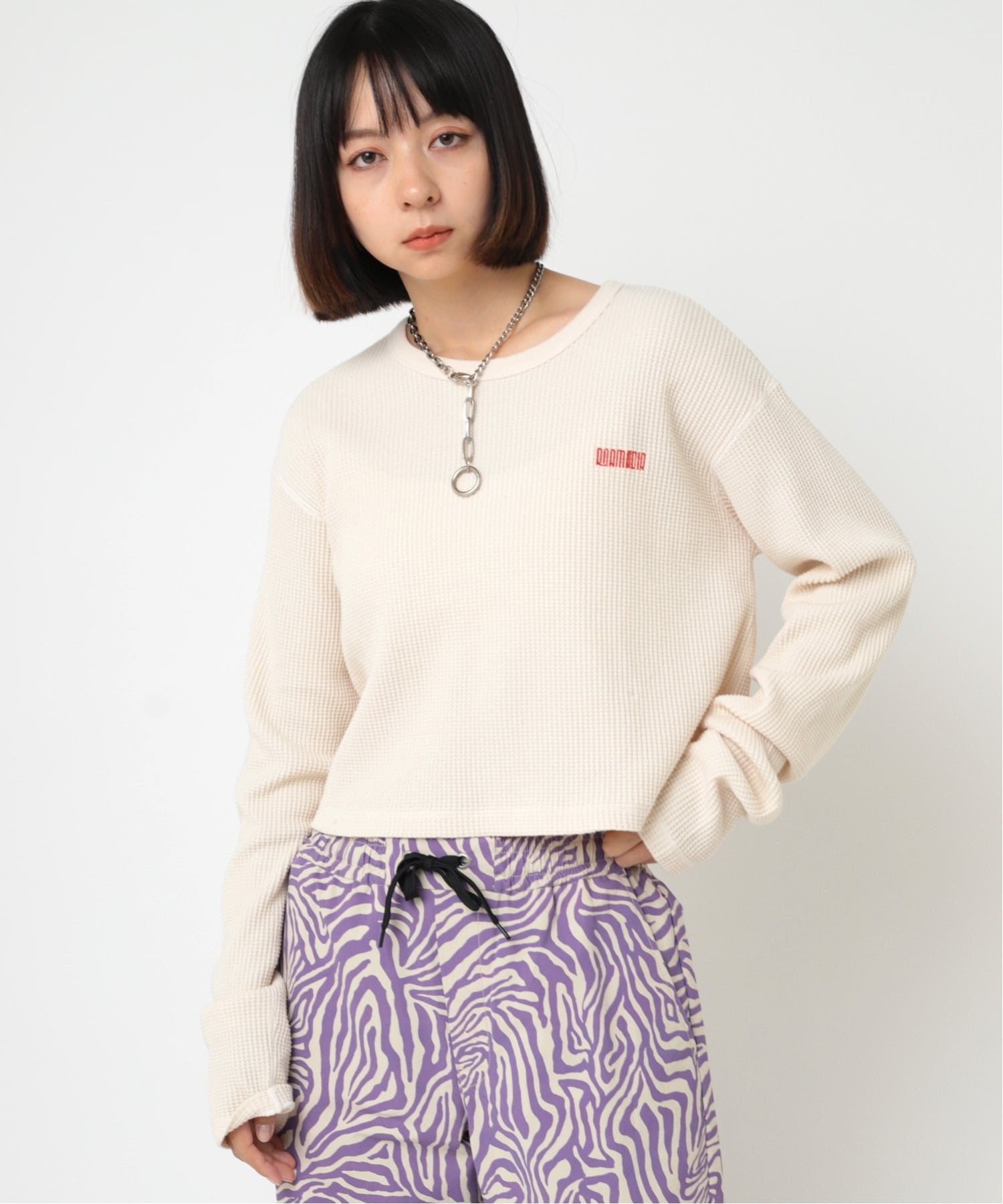 RNA MEDIA M2295 ピグメントダイワッフルチビロンT アールエヌエー トップス カットソー・Tシャツ ホワイト ネイビー ピンク