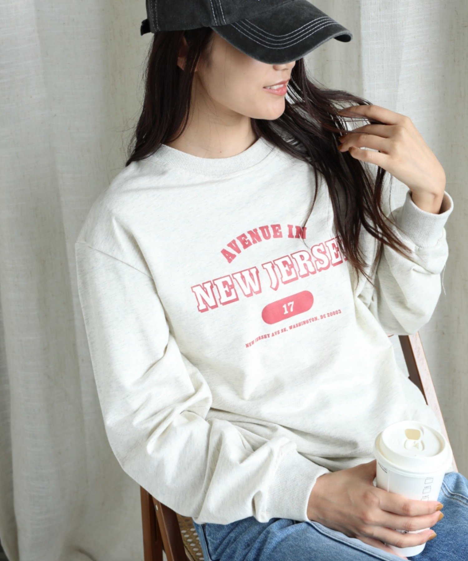 aimoha/カレッジロゴ長袖Tシャツ アイモハ トップス カットソー・Tシャツ グレー ホワイト ベージュ グリーン ネイビー