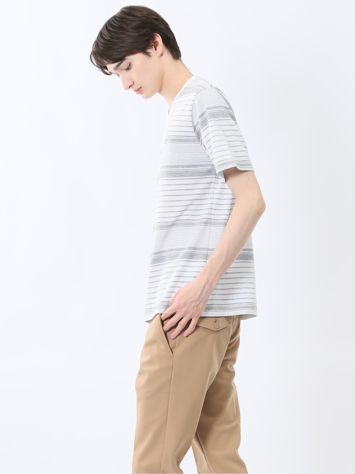 【SALE／30%OFF】m.f.editorial ポップコーンボーダー Vネック半袖Tシャツ タカキュー トップス カットソー・Tシャツ グレー ネイビー