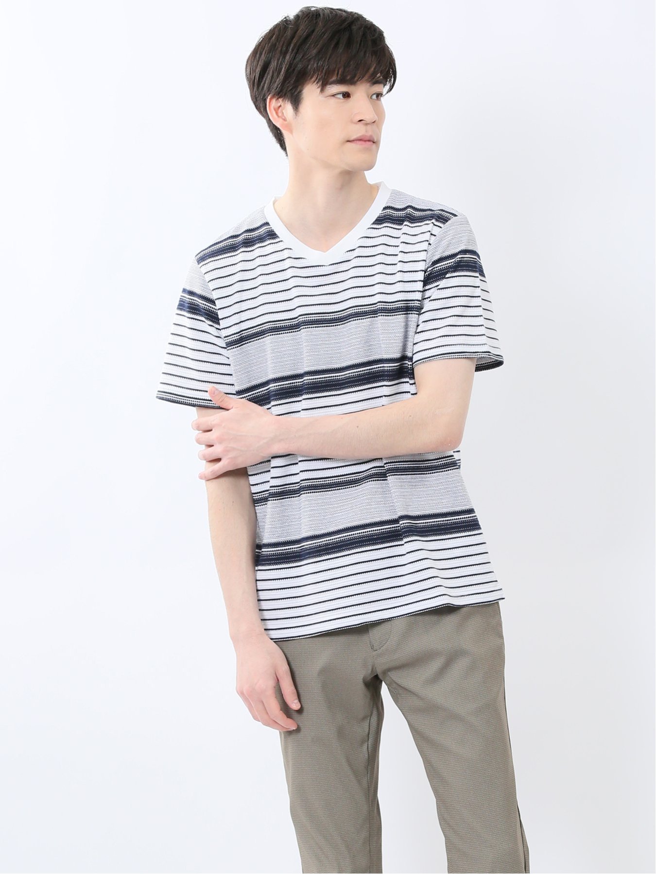 【SALE／30%OFF】m.f.editorial ポップコーンボーダー Vネック半袖Tシャツ タカキュー トップス カットソー・Tシャツ グレー ネイビー