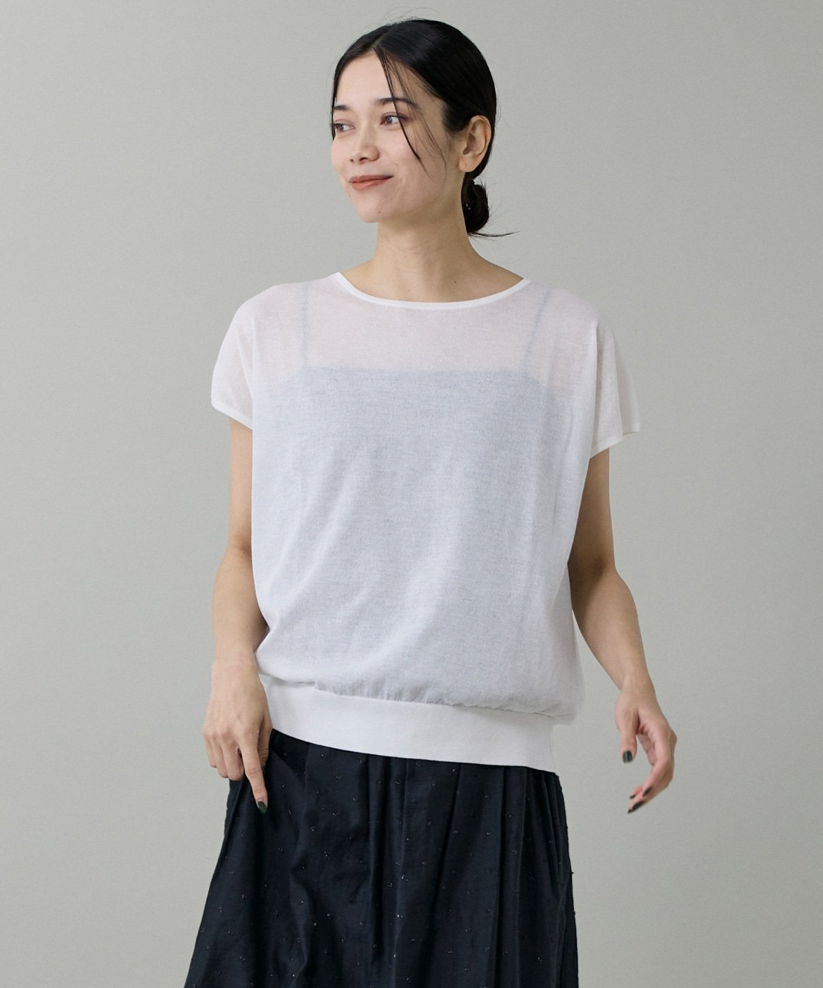 【SALE／50%OFF】INED 《大きいサイズ》フレンチスリーブニット イネド トップス ニット ホワイト グリーン グレー イエロー【送料無料】