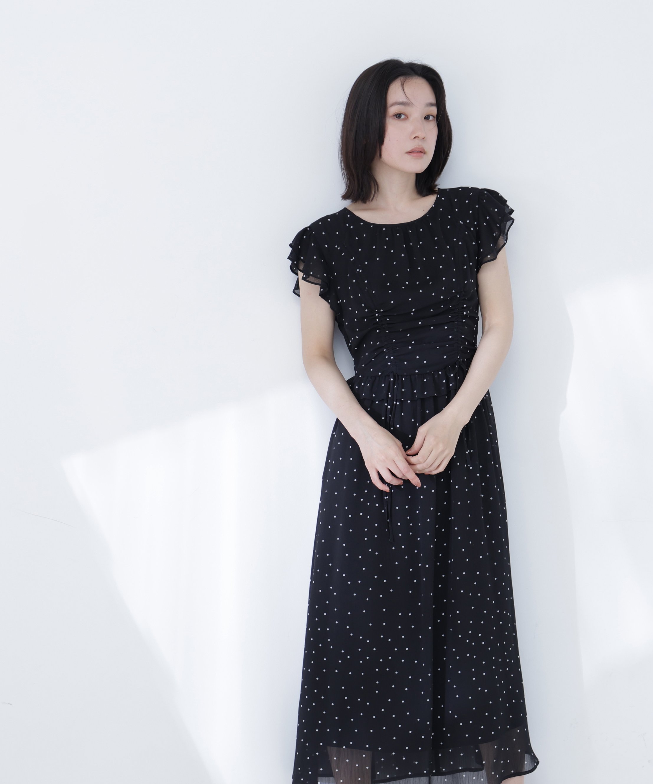 NATURAL BEAUTY BASIC ドロストギャザー楊柳ワンピース ナチュラルビューティベーシック ワンピース・ドレス ワンピース ブルー ブラウン ブラック イエロー