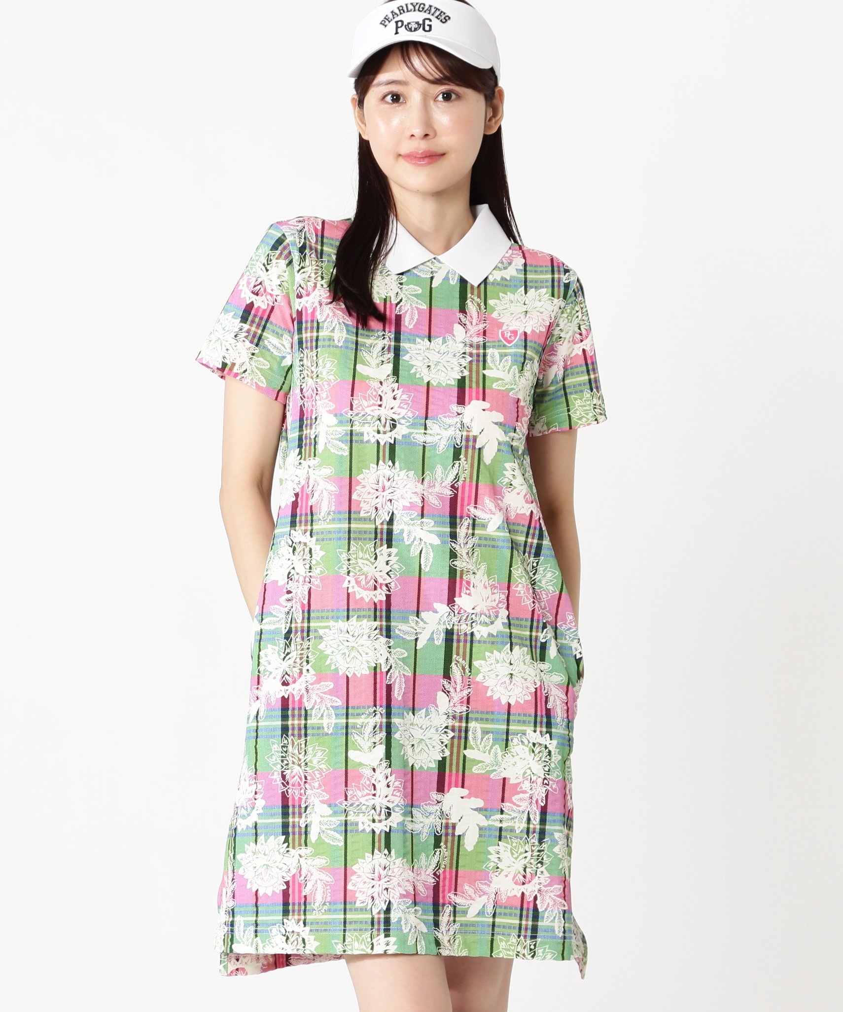 PEARLY GATES FD30/-×ドライマスター鹿の子サッカーストライプ半袖ワンピース ＜マドラスチェック×バティックプリント＞ パーリーゲイツ ワンピース・ドレス その他のワンピース・ドレス ホワイト