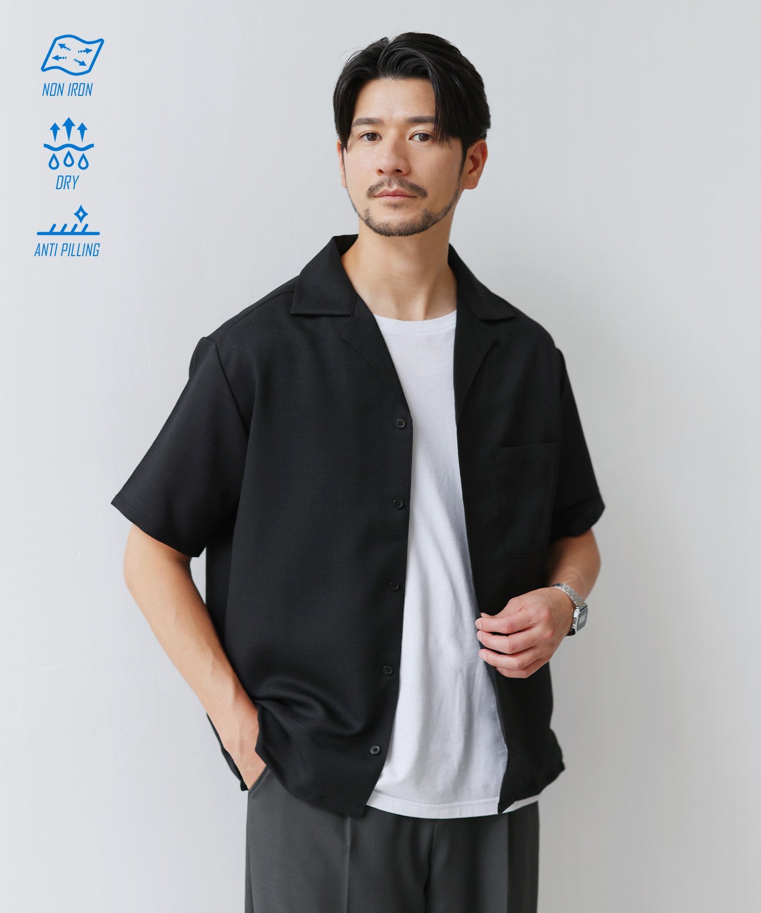 SPU 日本製Reflex(R)【イージーケア/吸汗/速乾/抗ピリング/通気性】多機能性リネンライクスラブツイルオープンカラー半袖シャツ カジュアル トップス シャツ・ブラウス グレー ブラック