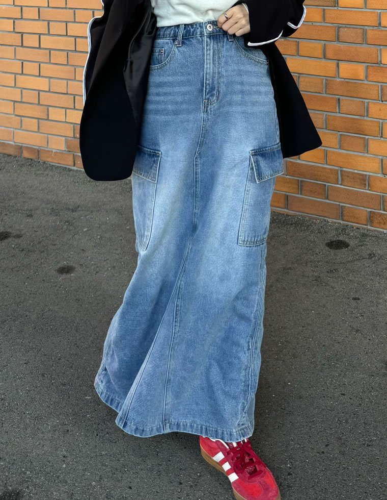 【SALE／35%OFF】Re:EDIT コットンデニムカーゴスカート リエディ スカート ロング・マキシスカート ブルー グレー ネイビー stylife-14907174 Rakuten Fashion サンプル画像2
