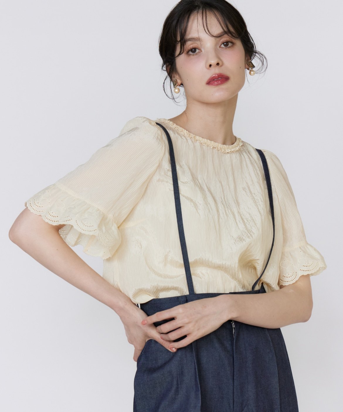 Maglie par ef-de シャドーストライプレースブラウス マーリエ ル カセット トップス シャツ・ブラウス イエロー ホワイト