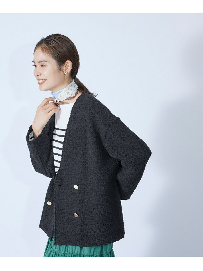 【SALE／30%OFF】ROPE' ニットツイードVネックブルゾン ロペ ジャケット・アウター ノーカラージャケット ブラック ホワイト【送料無料】のサムネイル