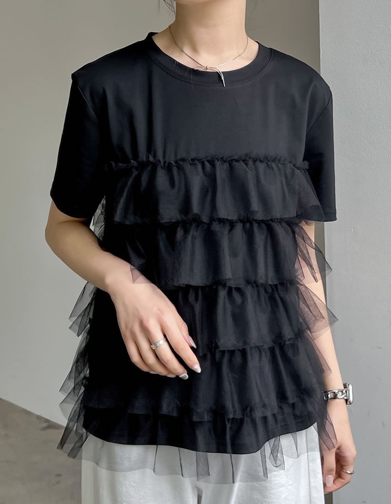 【SALE／45%OFF】Re:EDIT チュールティアードドッキングTシャツ リエディ トップス カットソー・Tシャツ ホワイト ブラック stylife-14906909 Rakuten Fashion サンプル画像3
