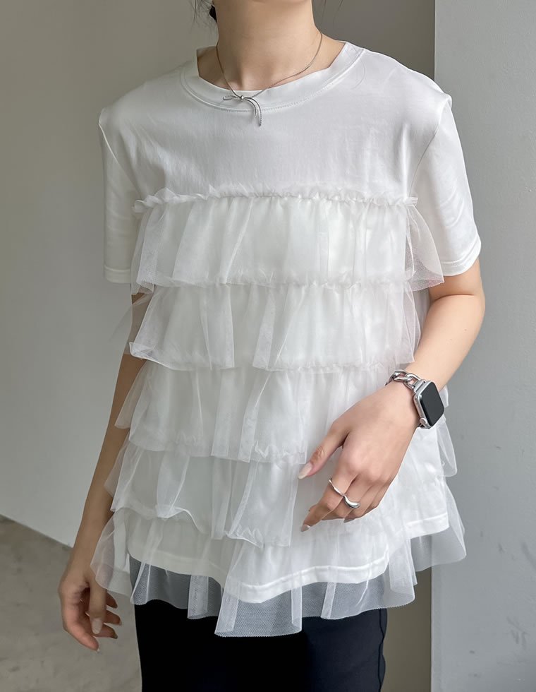 【SALE／45%OFF】Re:EDIT チュールティアードドッキングTシャツ リエディ トップス カットソー・Tシャツ ホワイト ブラック stylife-14906909 Rakuten Fashion サンプル画像2