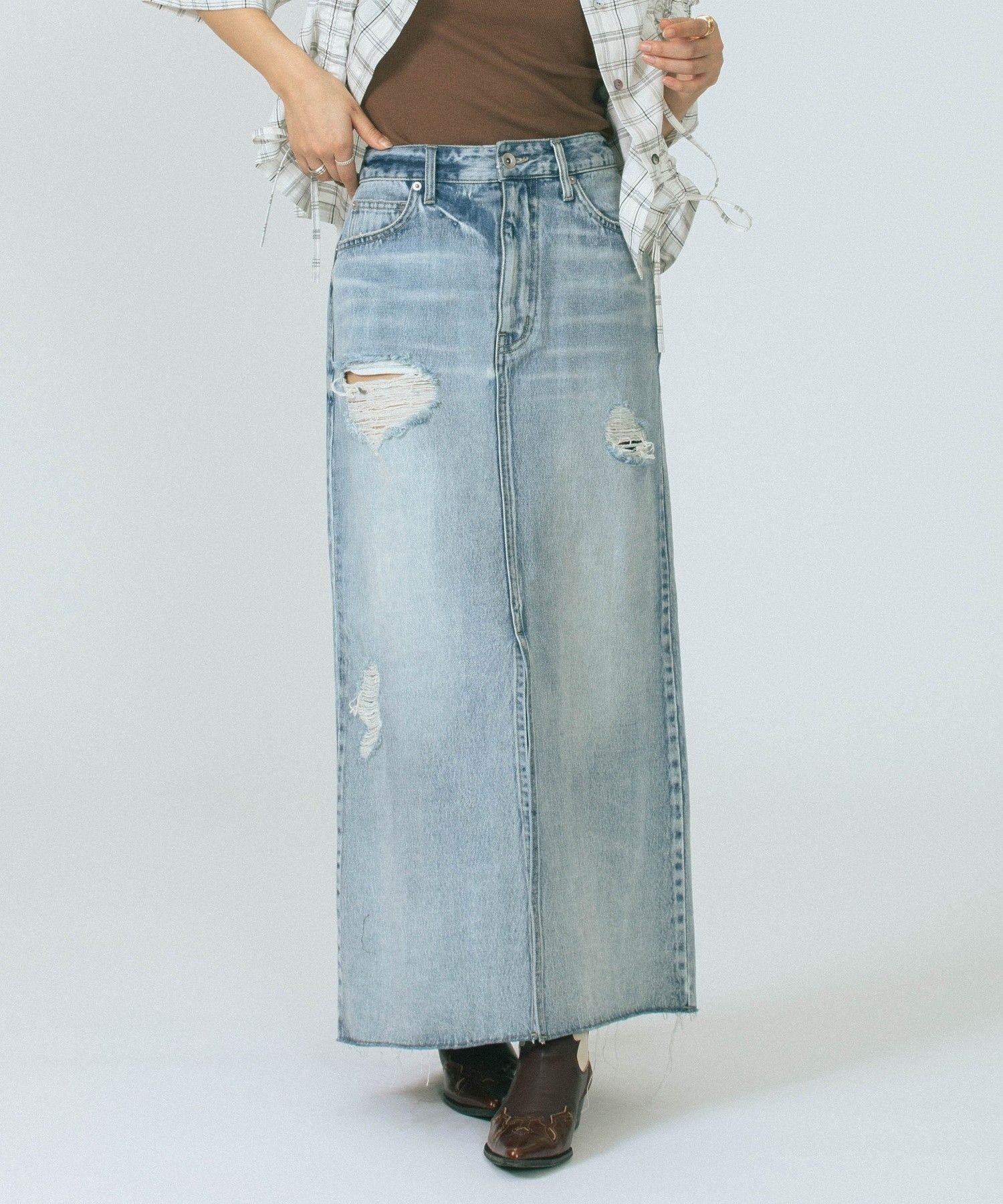 ROSE BUD DAMEGE DENIM SKIRT ローズバッド スカート その他のスカート ブルー ピンク