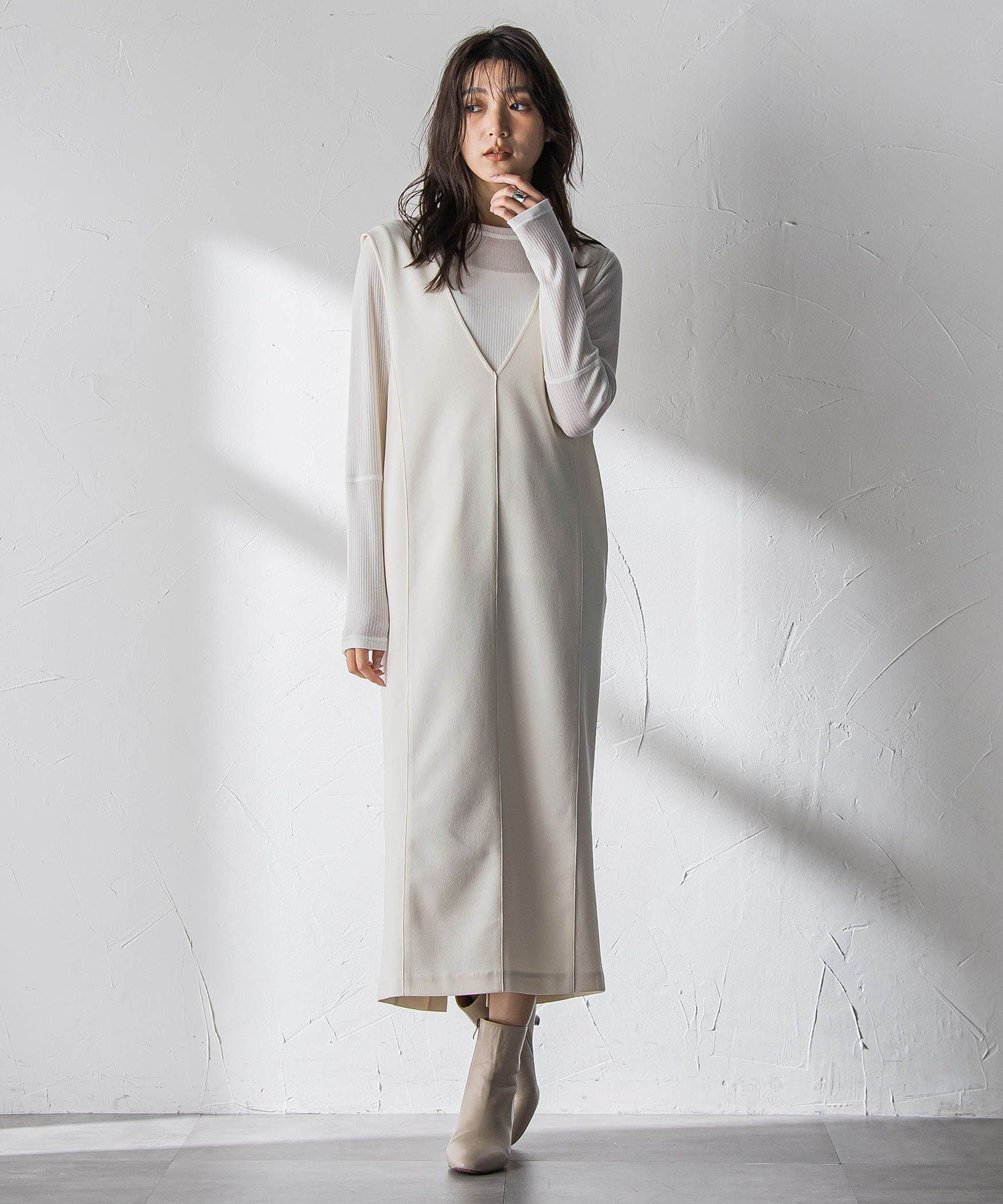 MAYSON GREY 【えらべるSET UP】叶えるVネックジャンパードレス≪手洗い可能≫ メイソングレイ ワンピース・ドレス ワンピース ブラック ホワイト