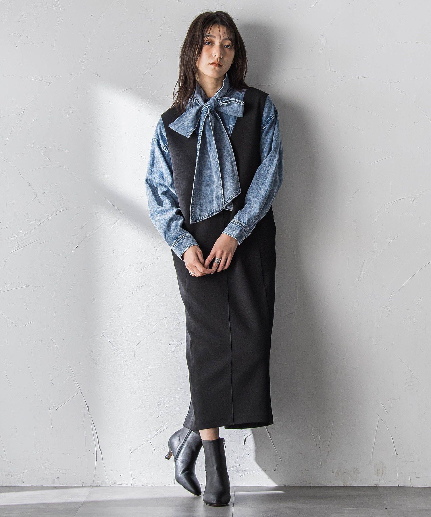 MAYSON GREY 【えらべるSET UP】叶えるVネックジャンパードレス≪手洗い可能≫ メイソングレイ ワンピース・ドレス ワンピース ブラック ホワイト