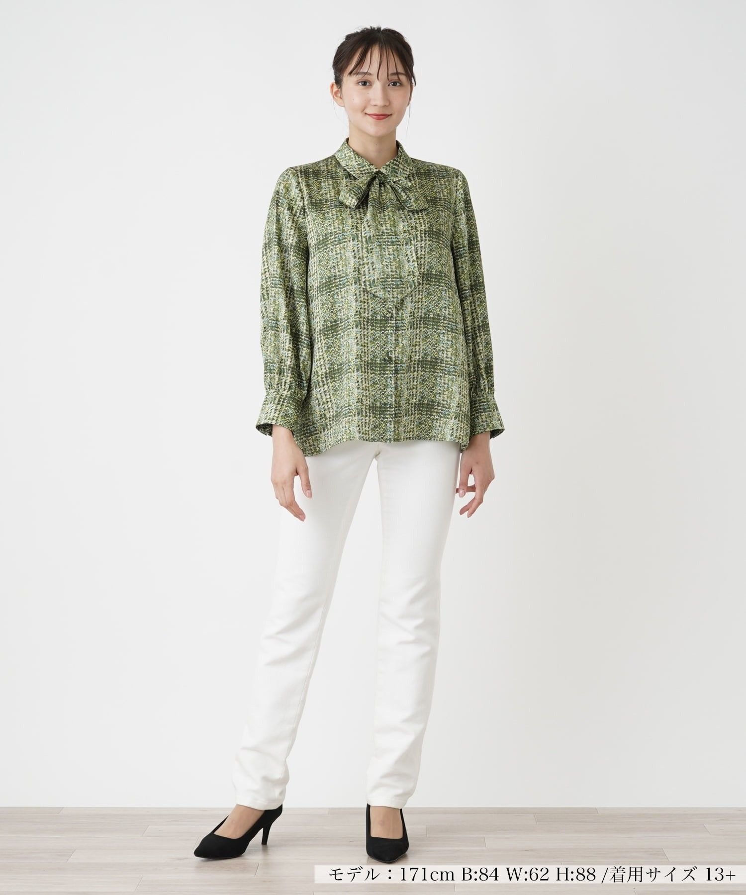 Leilian PLUS HOUSE チェックボウタイブラウス【ROCHAS Premiere】【ERICA】 レリアン プラスハウス トップス シャツ・ブラウス グリーン
