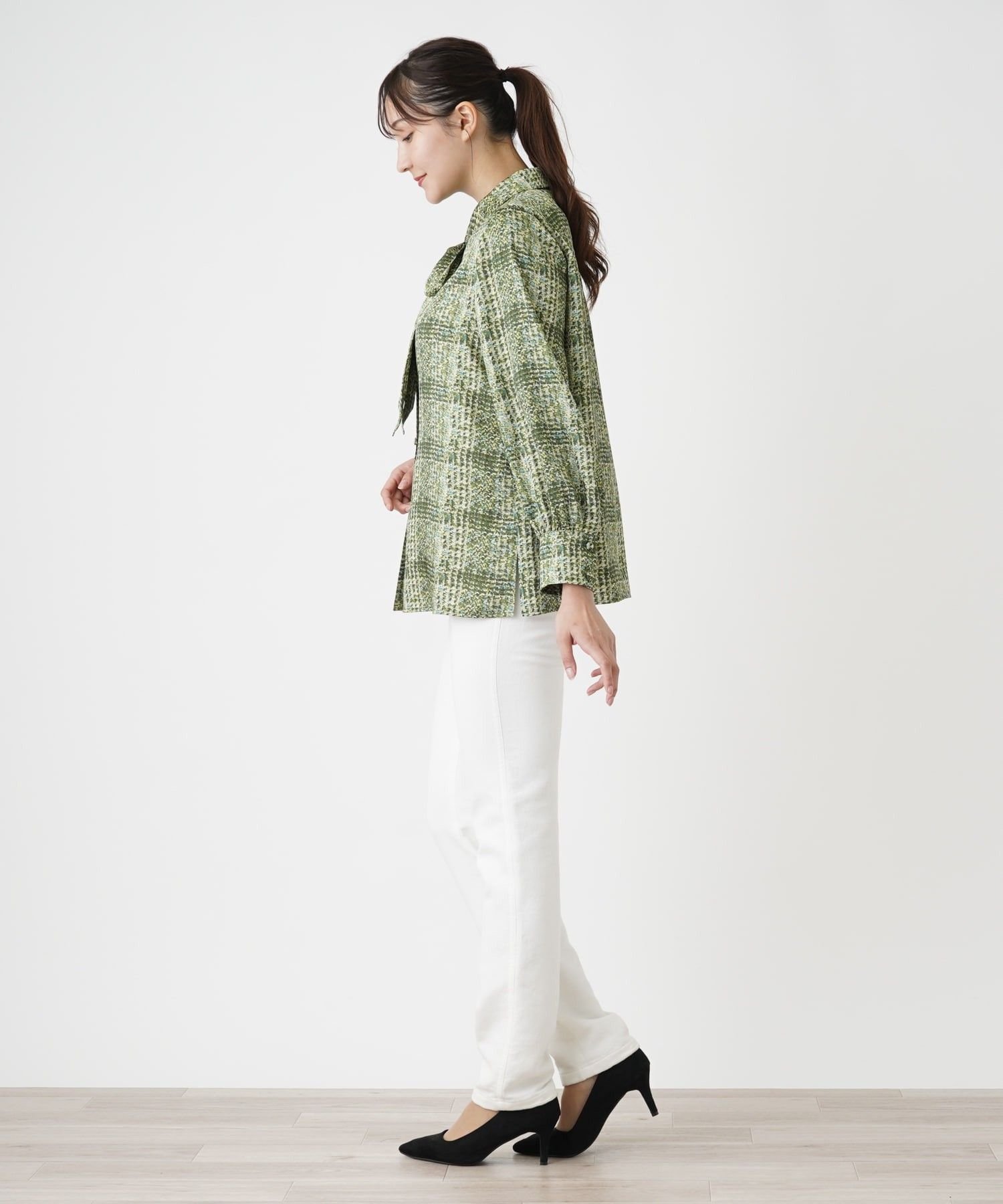 Leilian PLUS HOUSE チェックボウタイブラウス【ROCHAS Premiere】【ERICA】 レリアン プラスハウス トップス シャツ・ブラウス グリーン