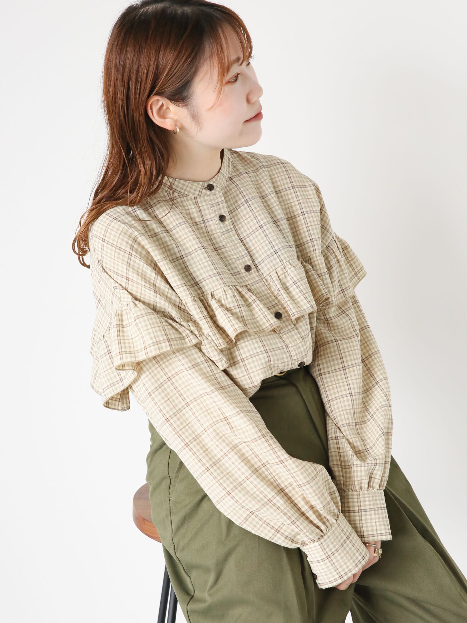 ehka sopo スクエア切替フリルブラウス エヘカソポ トップス シャツ・ブラウス ベージュ ネイビー ブルー ブラウンのサムネイル