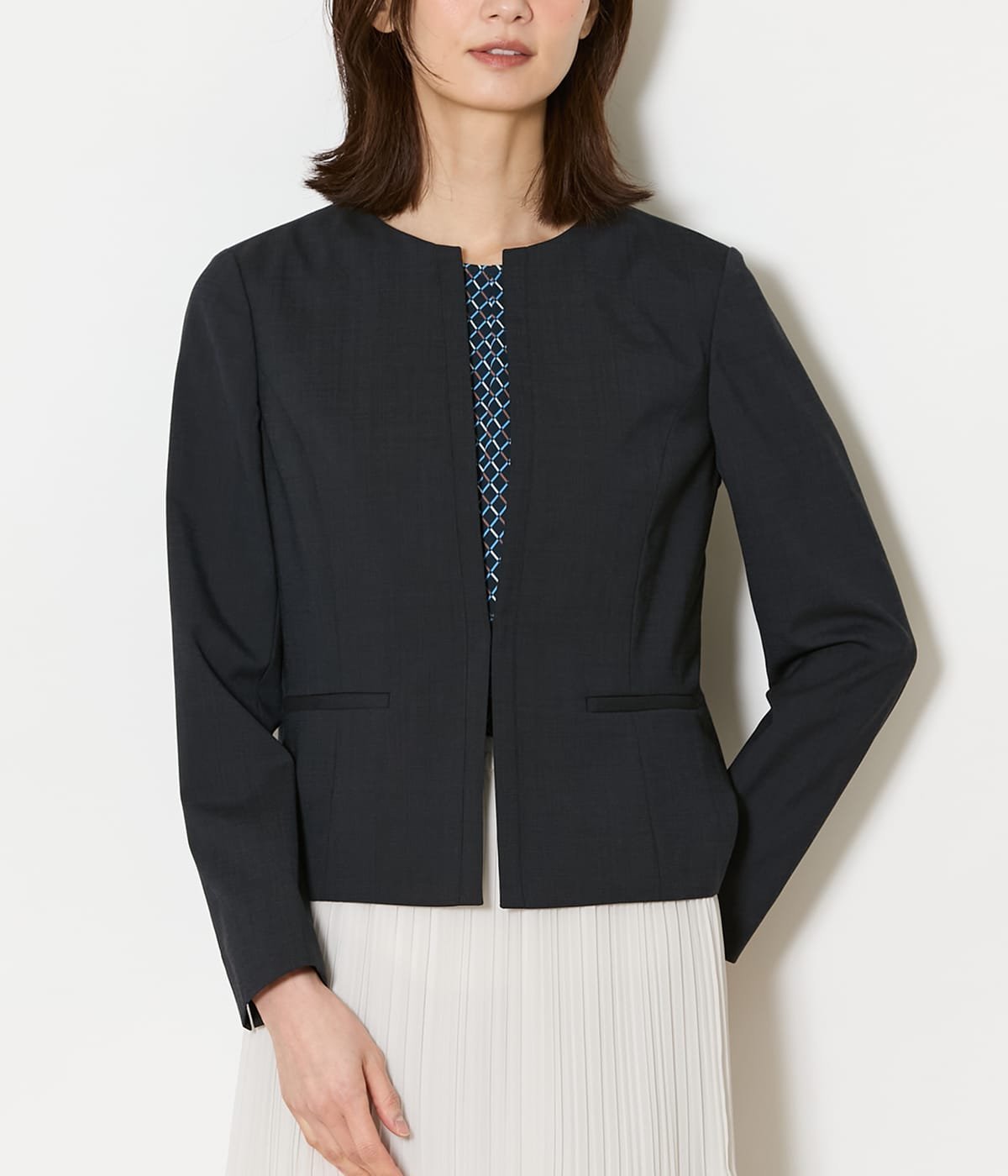 NEWYORKER WOMEN 【ウォッシャブル】ウールピンヘッド 1ホックノーカラージャケット ニューヨーカー ジャケット・アウター テーラードジャケット・ブレザー ネイビー